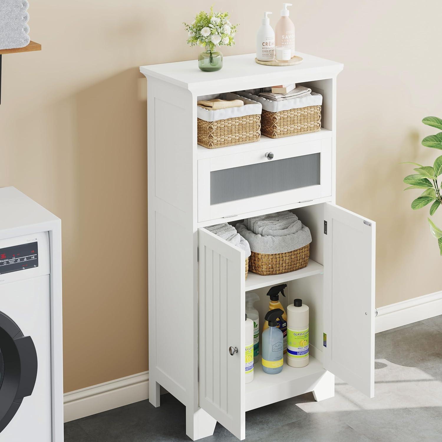 White MDF Bathroom Cabinet with Adjustable Shelving and Flip Glass Drawer