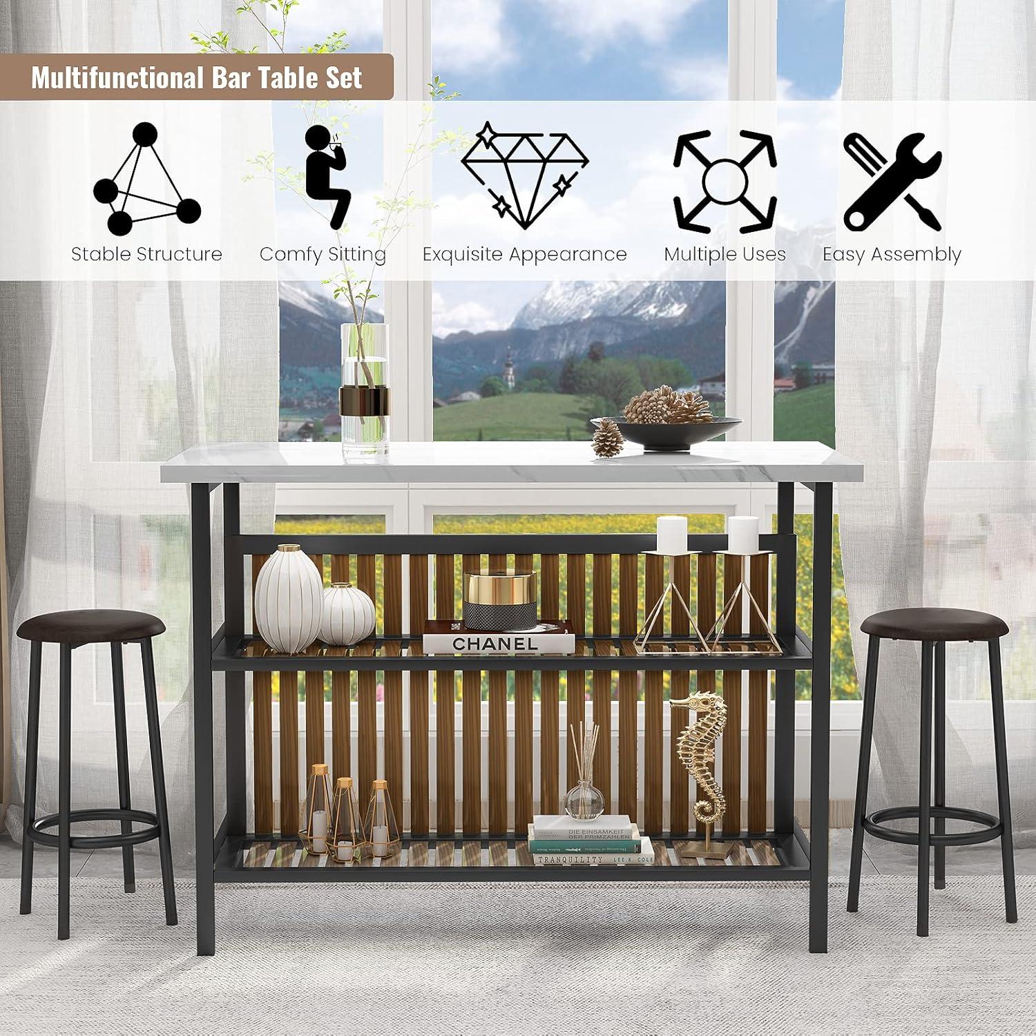 White Marble and Black Metal 3-Piece Pub Table Set