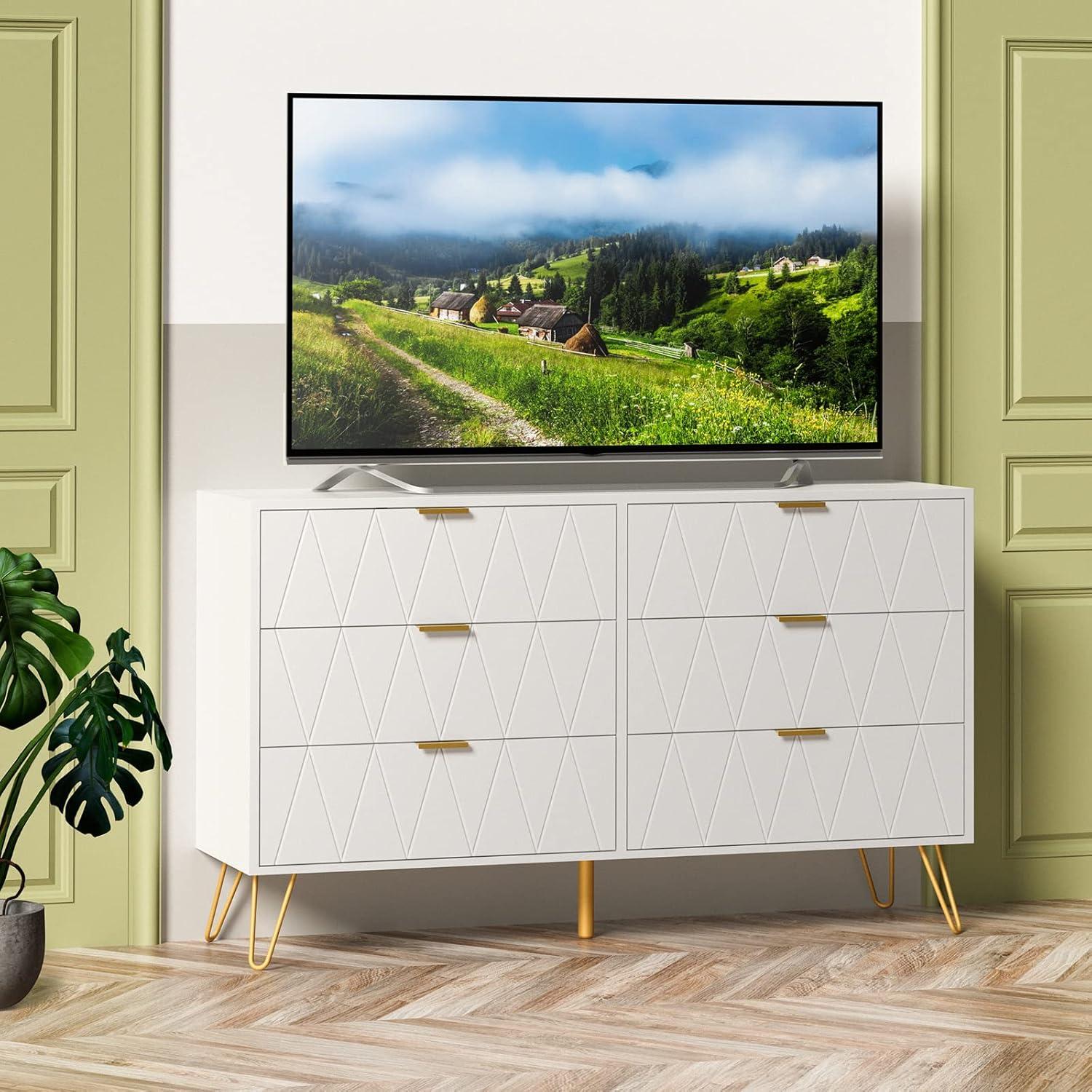 UEV Large White 6 Drawer Dresser,Modern Dresser Chest with Wide Drawers and Metal Handles,Wood Storage Chest of Drawers for Bedroom,Hallway,Entryway (White, Large 6 Drawer)