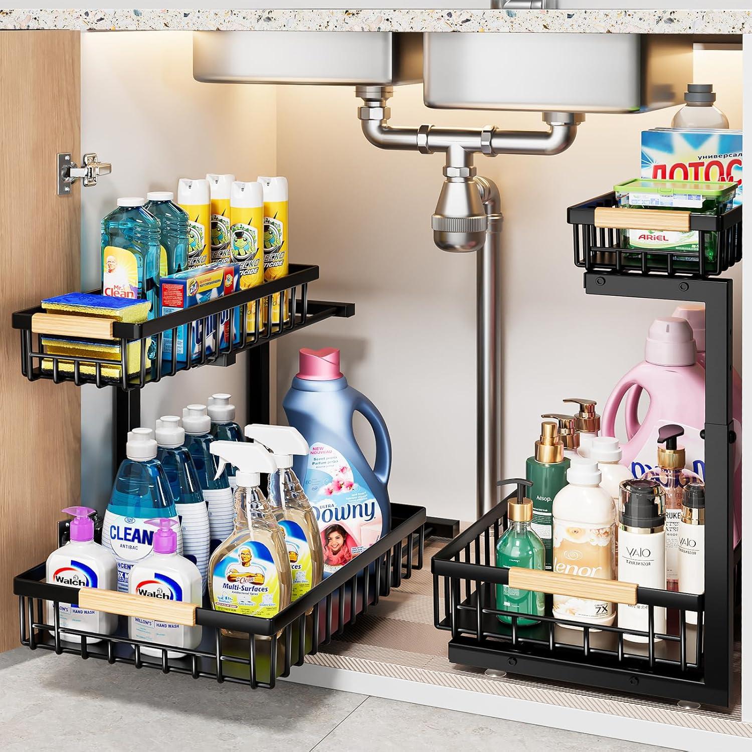 Rebrilliant Under Sink Organizer, 2 Tier Under Sink Organizers And Storage, Metal Slide Out Pull Out Cabinet Organizer ,2 Pack Sliding Drawer Organizer For Kitchen Bathroom Pantry
