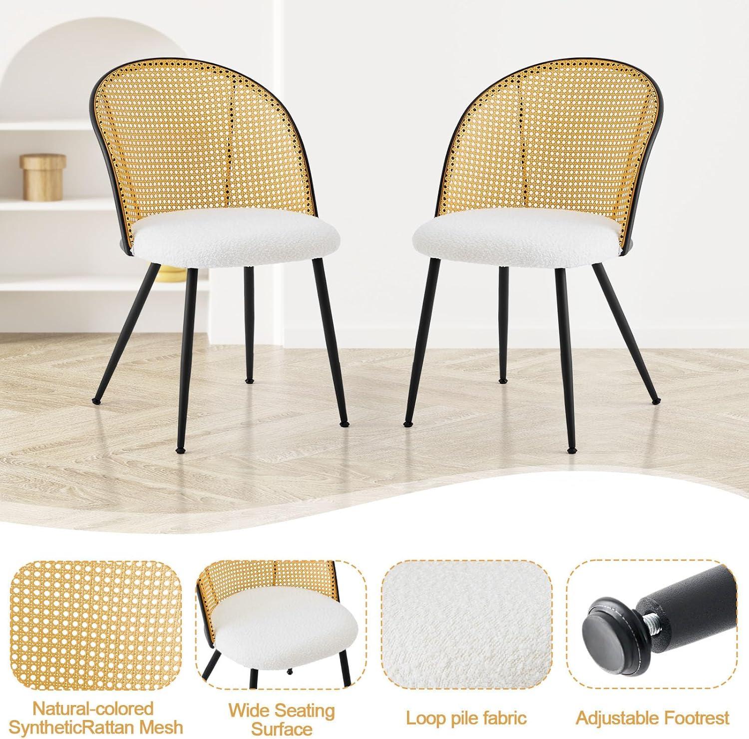 Lucky Monet Modern Upholstered Rattan Dining Chairs Set of 2/4 Set of 2 - PU-White-Natural Back