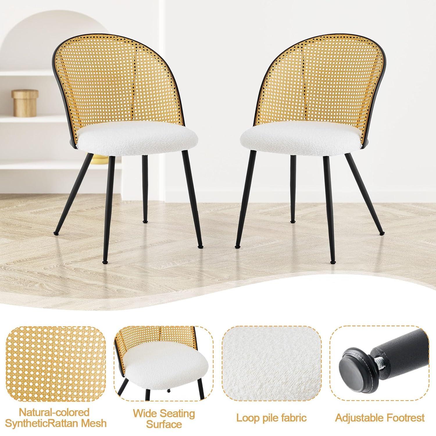 Lucky Monet Modern Upholstered Rattan Dining Chairs Set of 2/4 Set of 2 - PU-White-Natural Back
