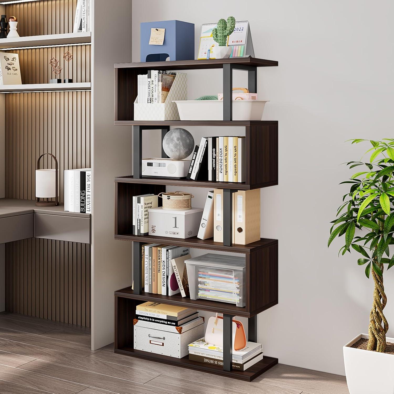 Black Geometric S-Shaped 5-Tier Kids' Bookshelf with Cubes