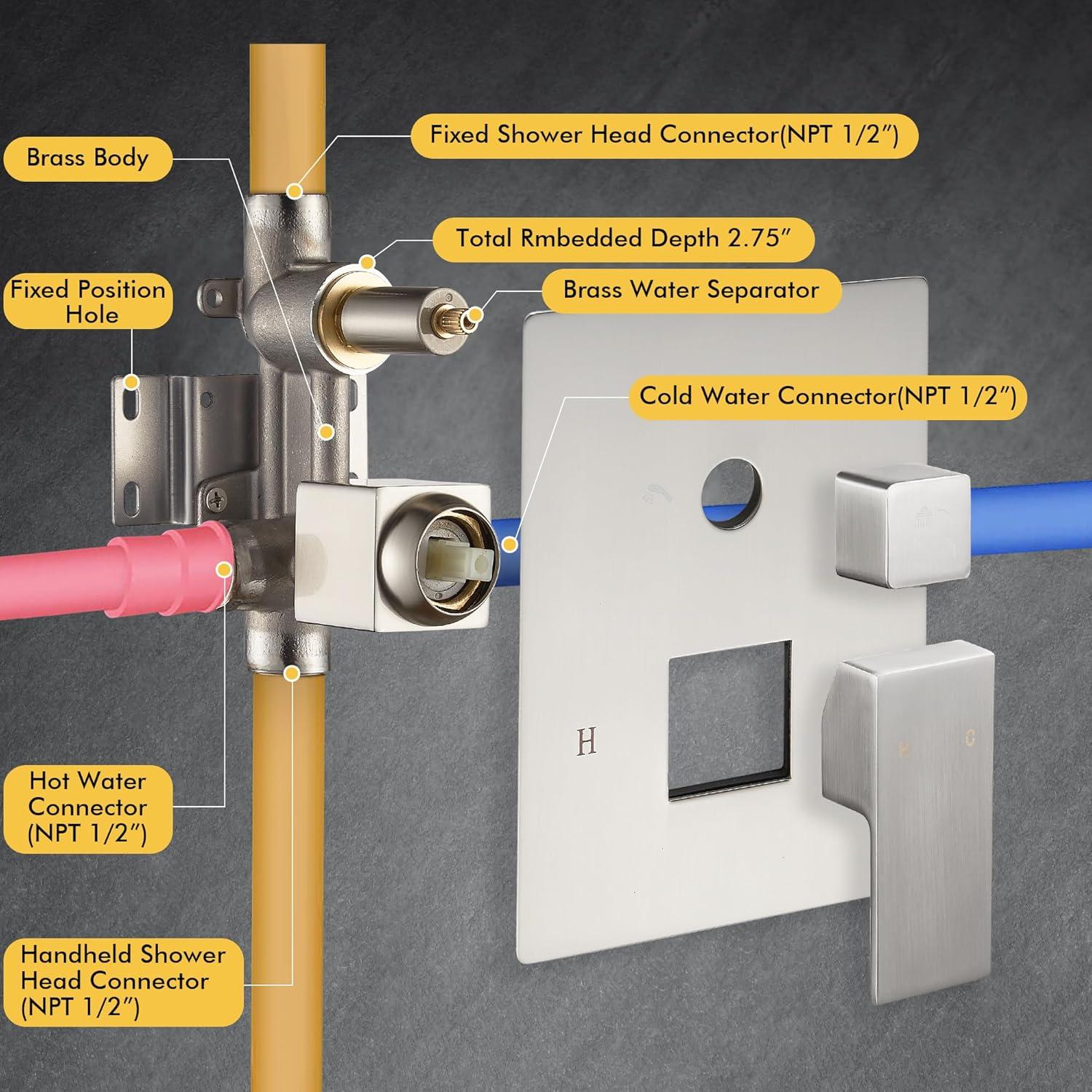 AWZTOO Wall Mounted Shower Faucet With Hand Shower Modern Shower System Set 10 Inch Rainfall Shower Head With Pressure Balance Valve Brushed Nickel