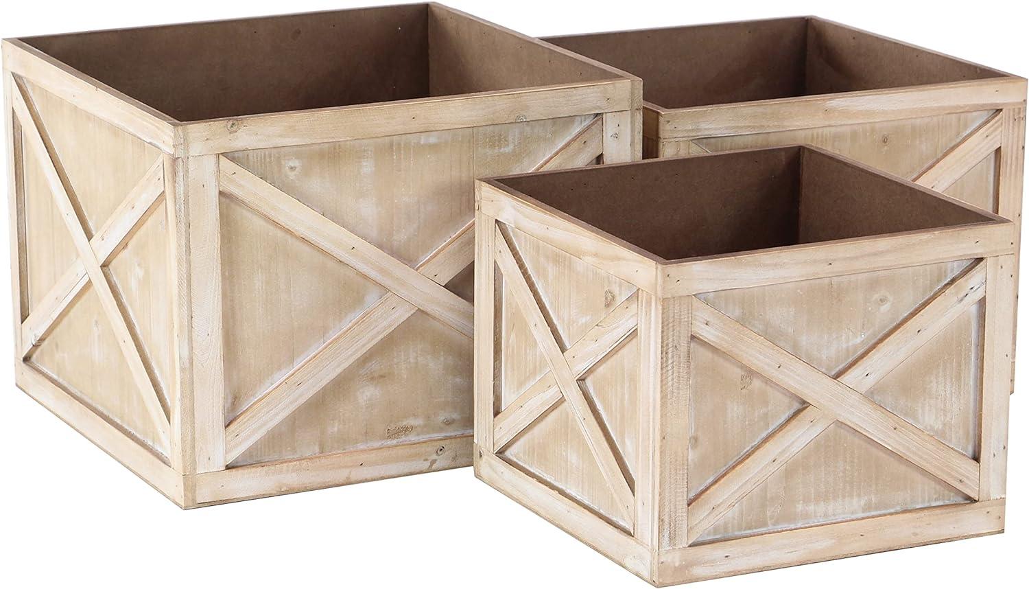 Light Brown Solid Square Wooden Planters Set of 3 for Indoor/Outdoor