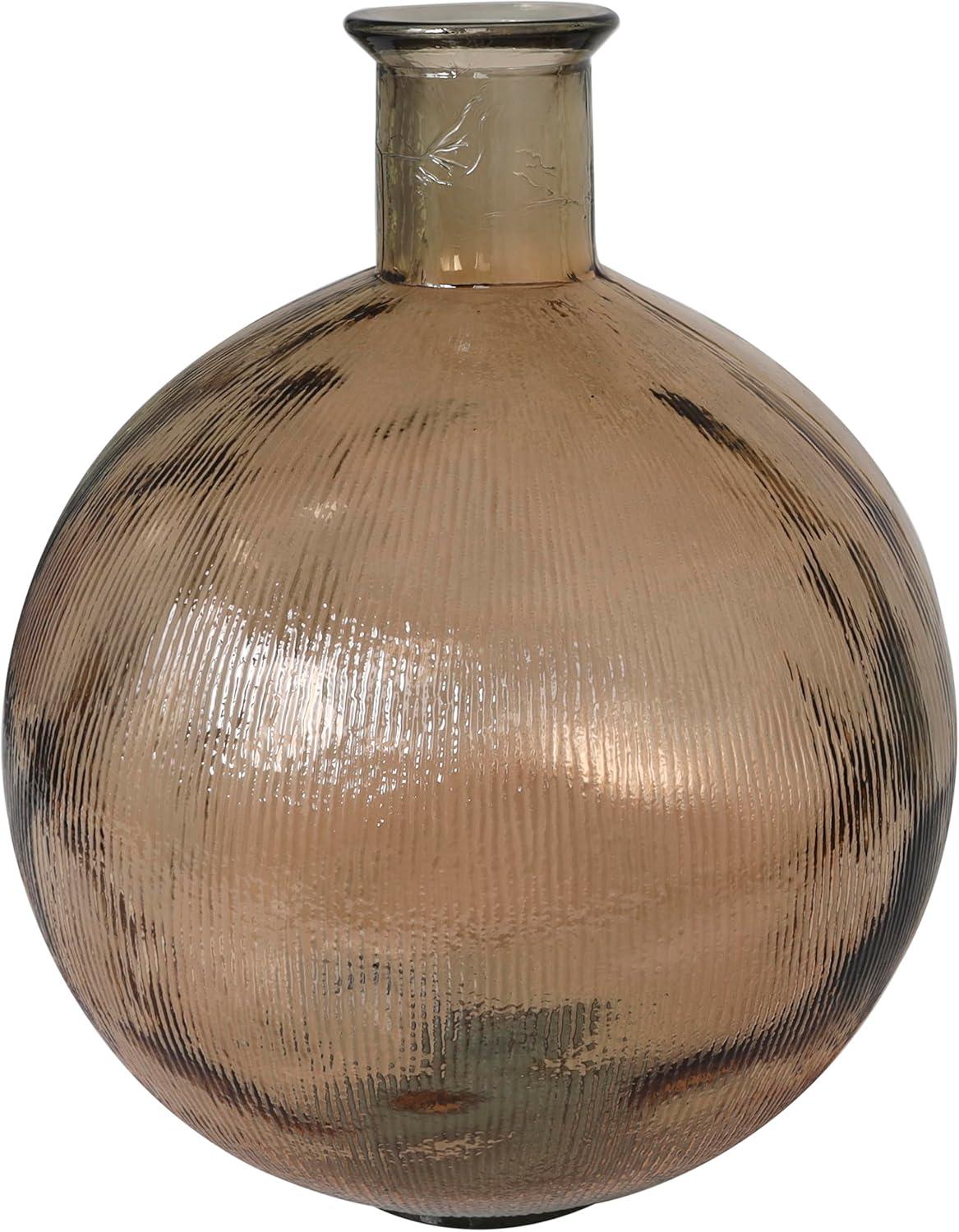 Deco 79 Recycled Glass Handmade Decorative Vase Spanish Bottle Neck Ribbed Centerpiece Vase, Flower Vase for Home Decoration 13" x 13" x 17", Brown