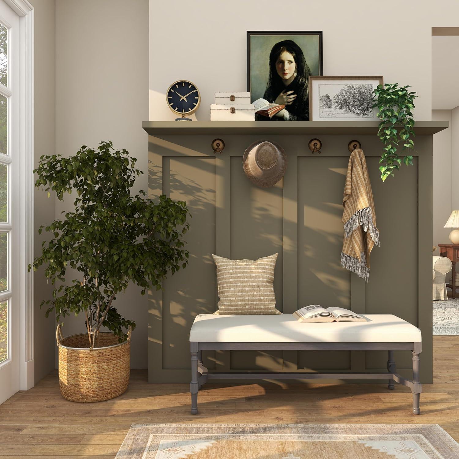DecMode Wood Bench with Burlap Seat, Gray