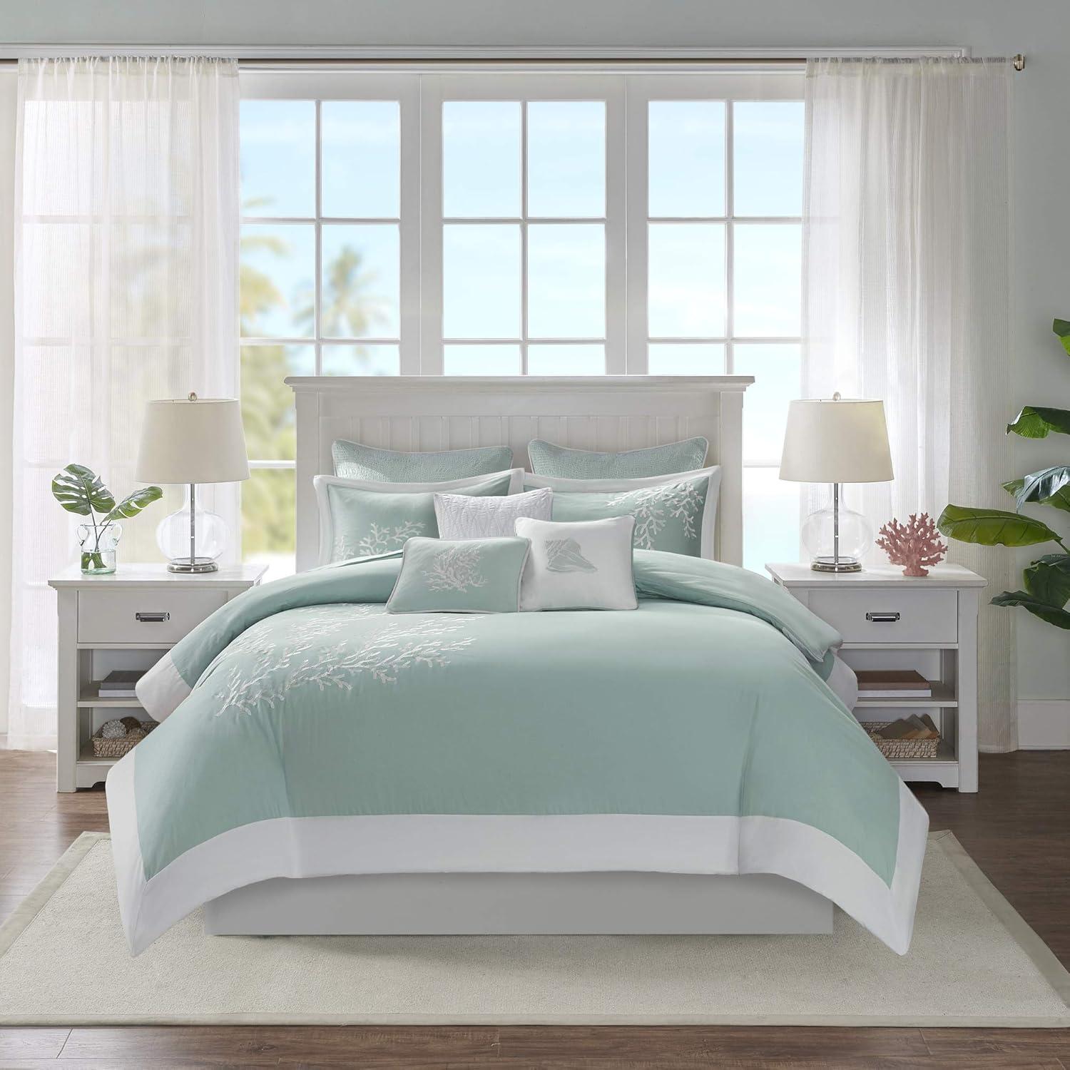 Turquoise Cotton Jacquard Coastal Queen Duvet Cover Set