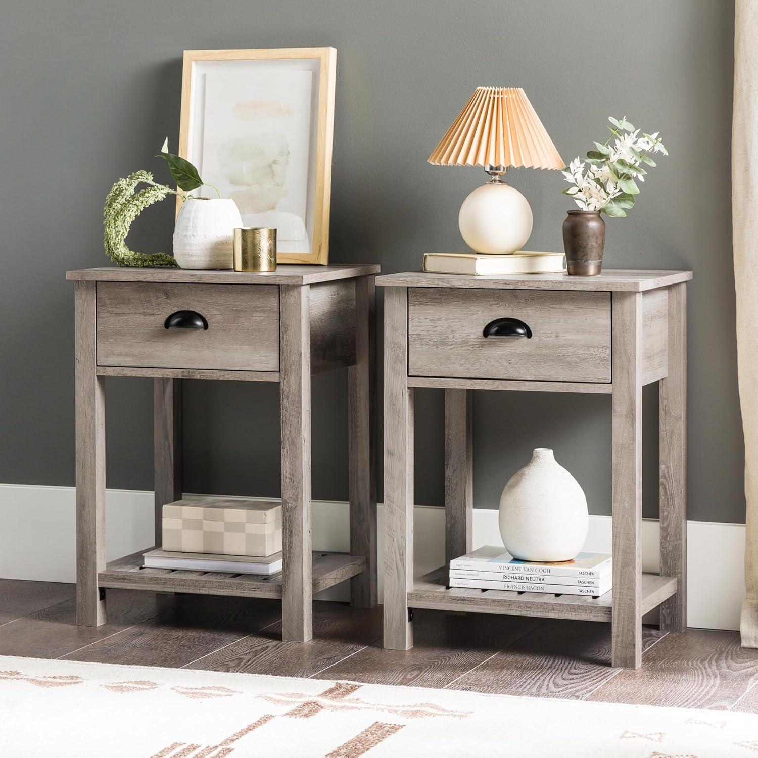 Country Farmhouse Single Drawer End Table Set in Gray Wash