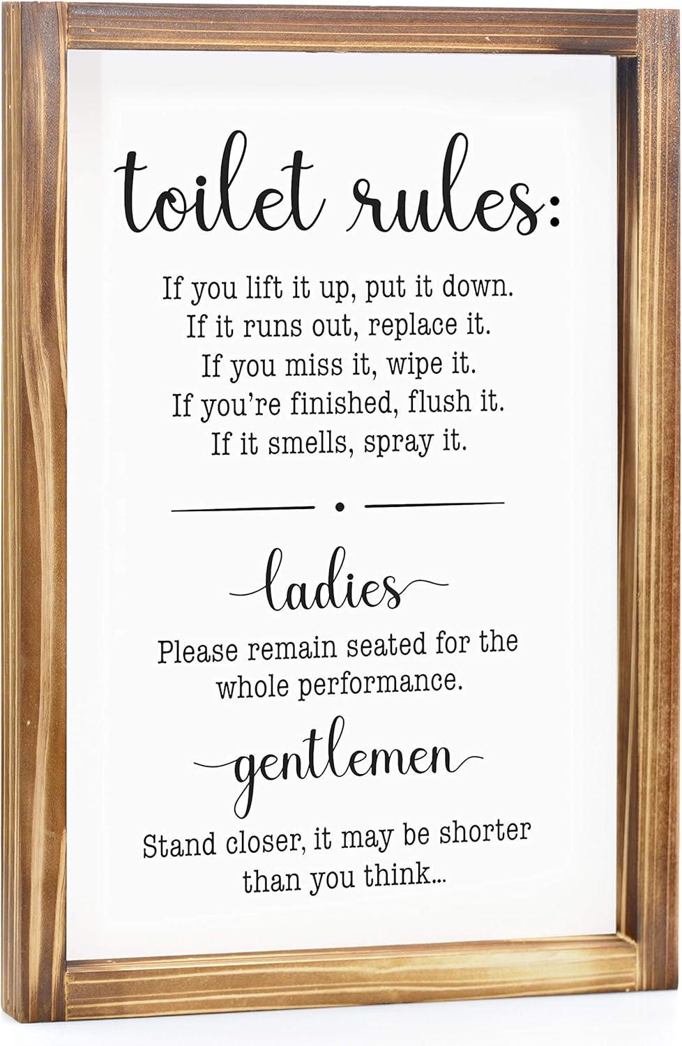 Rustic Brown Wood Framed Bathroom Rules Sign