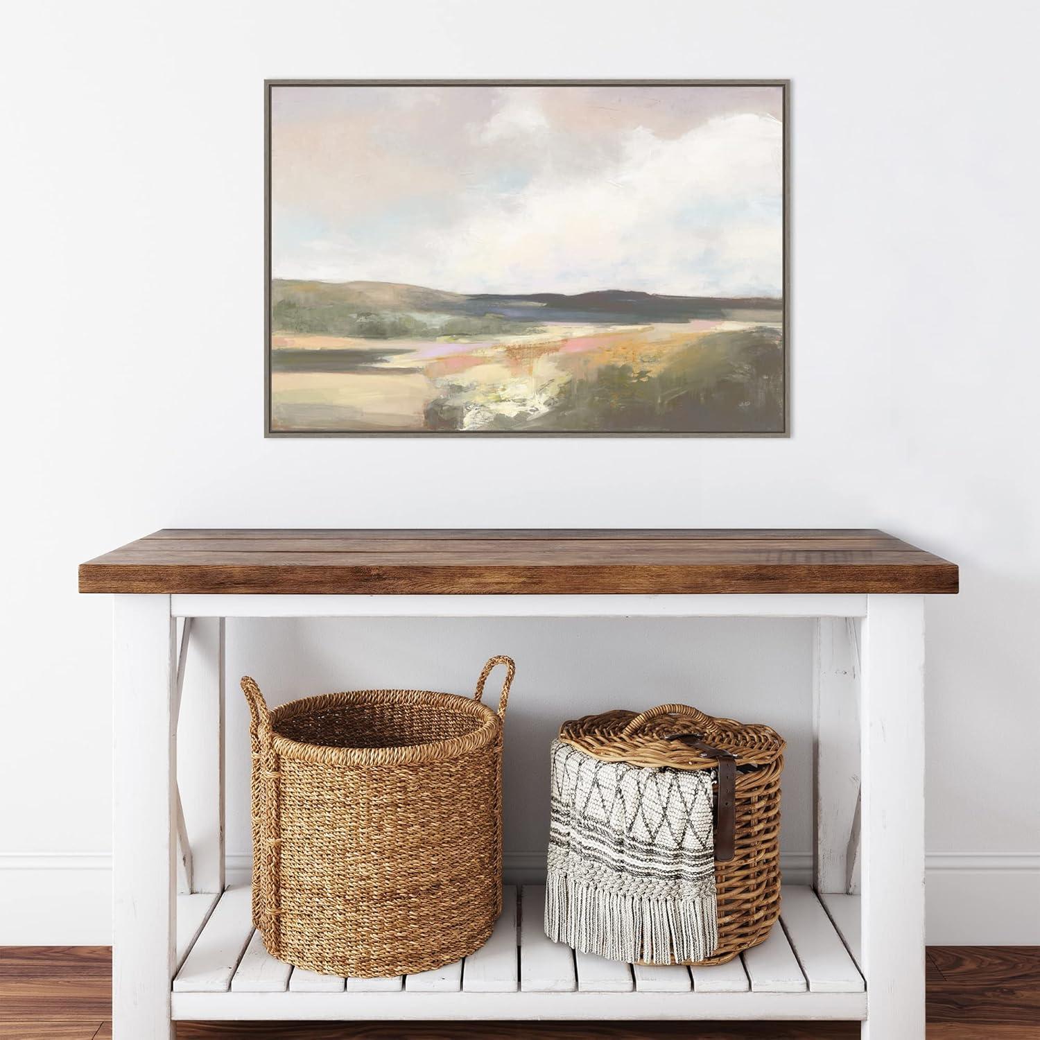 33" x 23" Dawn by The Water Neutral by Julia Purinton Framed Canvas Wall Art Print - Amanti Art: Rolling Hills & Waves
