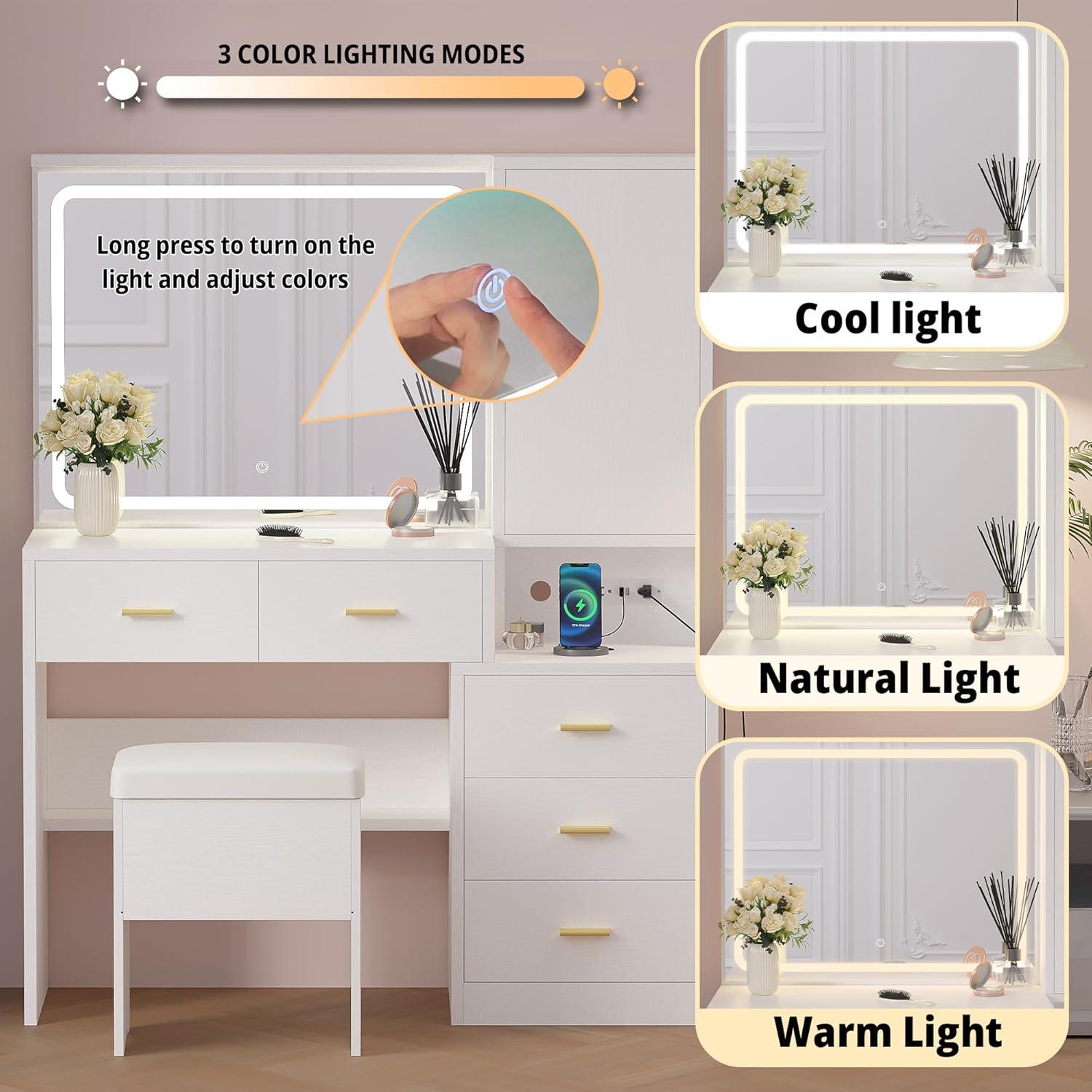 IRONCK Makeup Table Vanity Desk Set with Lighted Mirror, Charging Station, Storage Cabinet and 5 Drawers