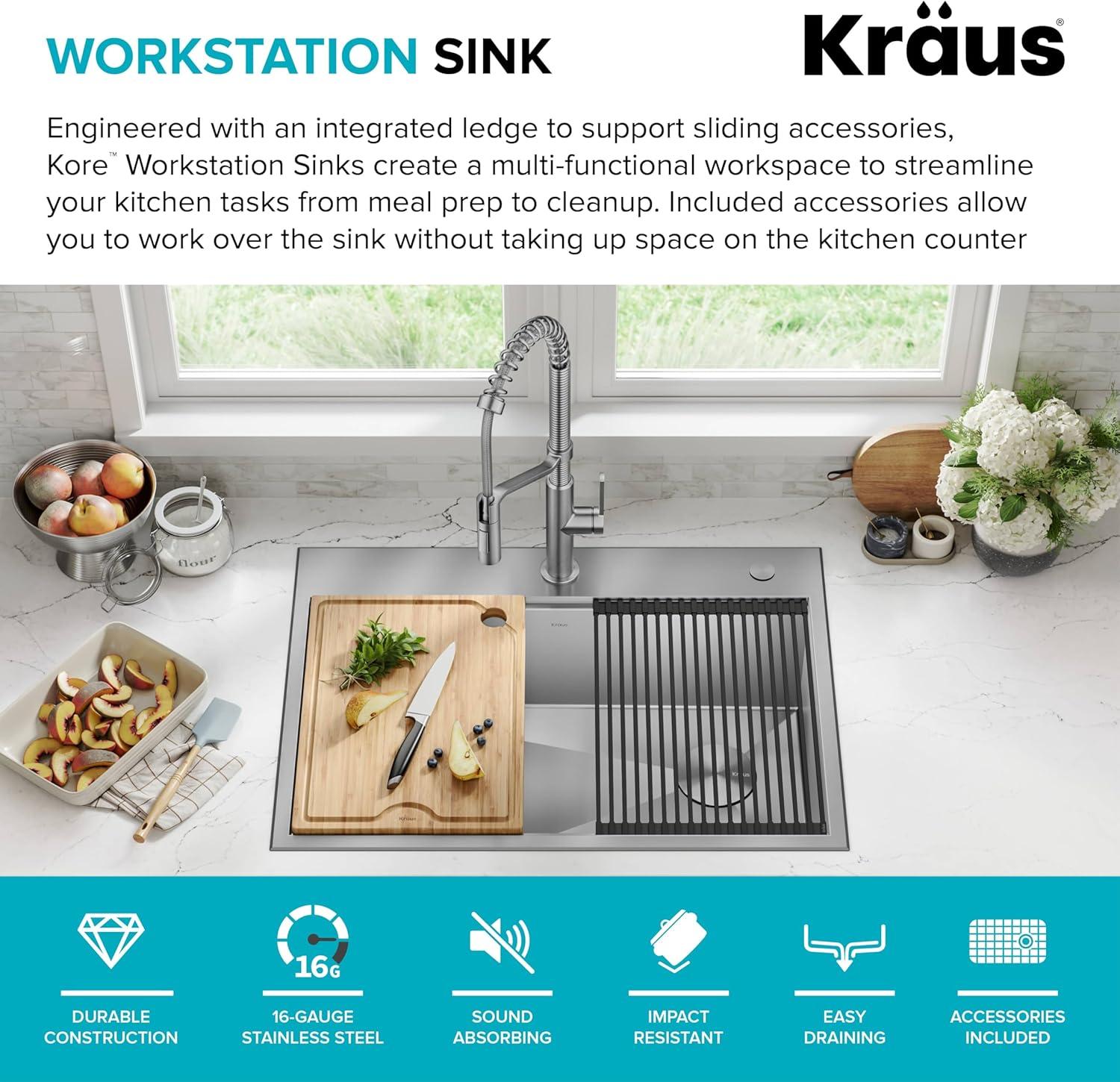 KRAUS Kore™ Workstation Drop-In 16 Gauge Single Bowl Stainless Steel Kitchen Sink