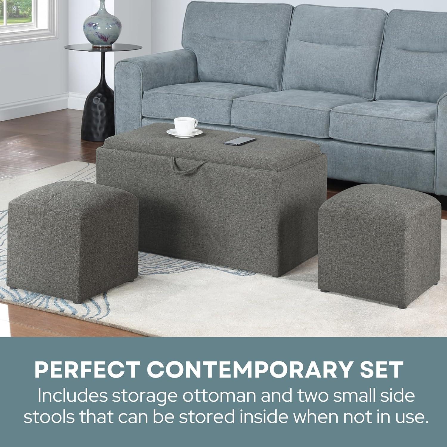 Convenience Concepts Designs4Comfort Sheridan Storage Bench w/ 2 Side Ottomans, Soft Gray Fabric