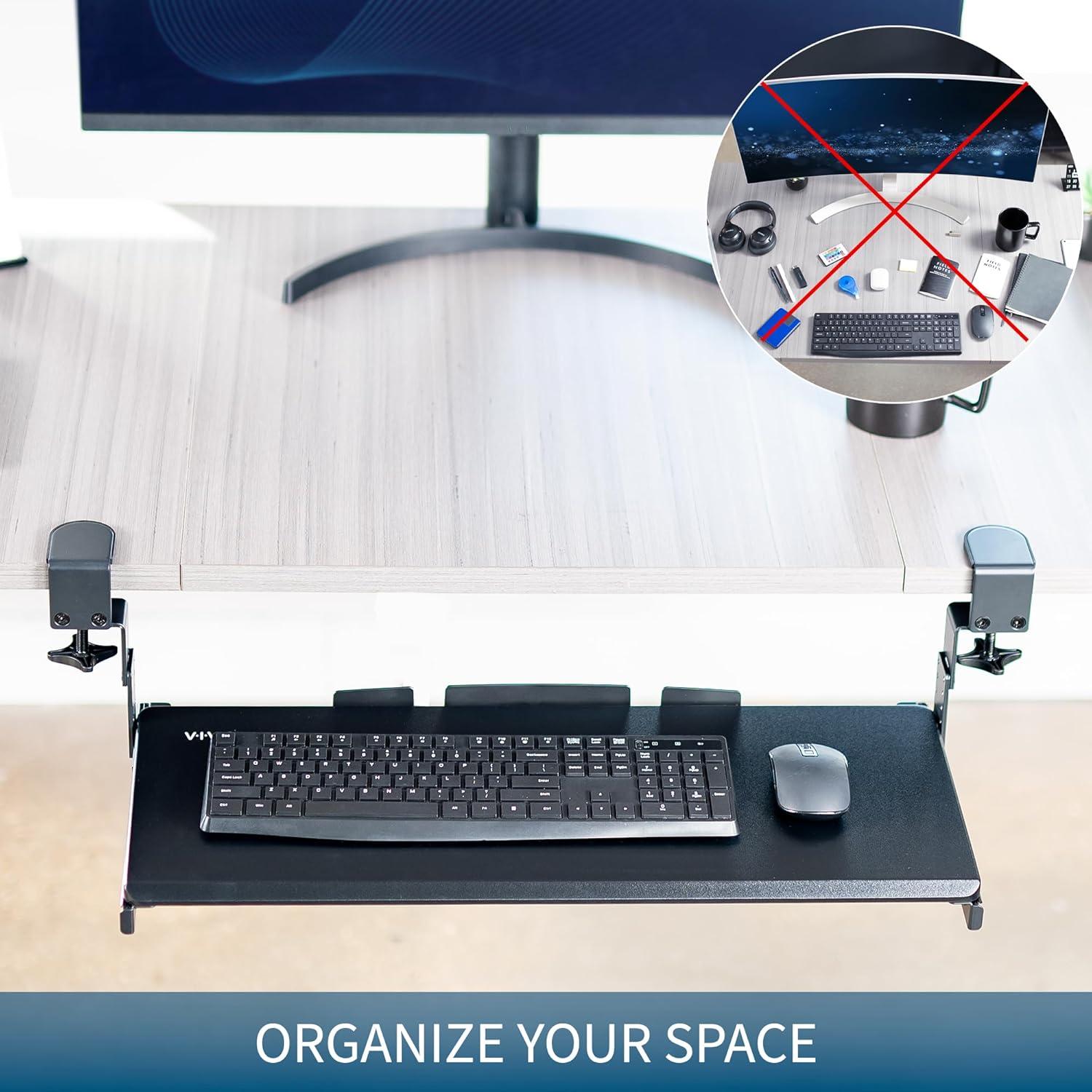 VIVO Black Clamp-on Height Adjustable Keyboard and Mouse Under Desk Slider Tray