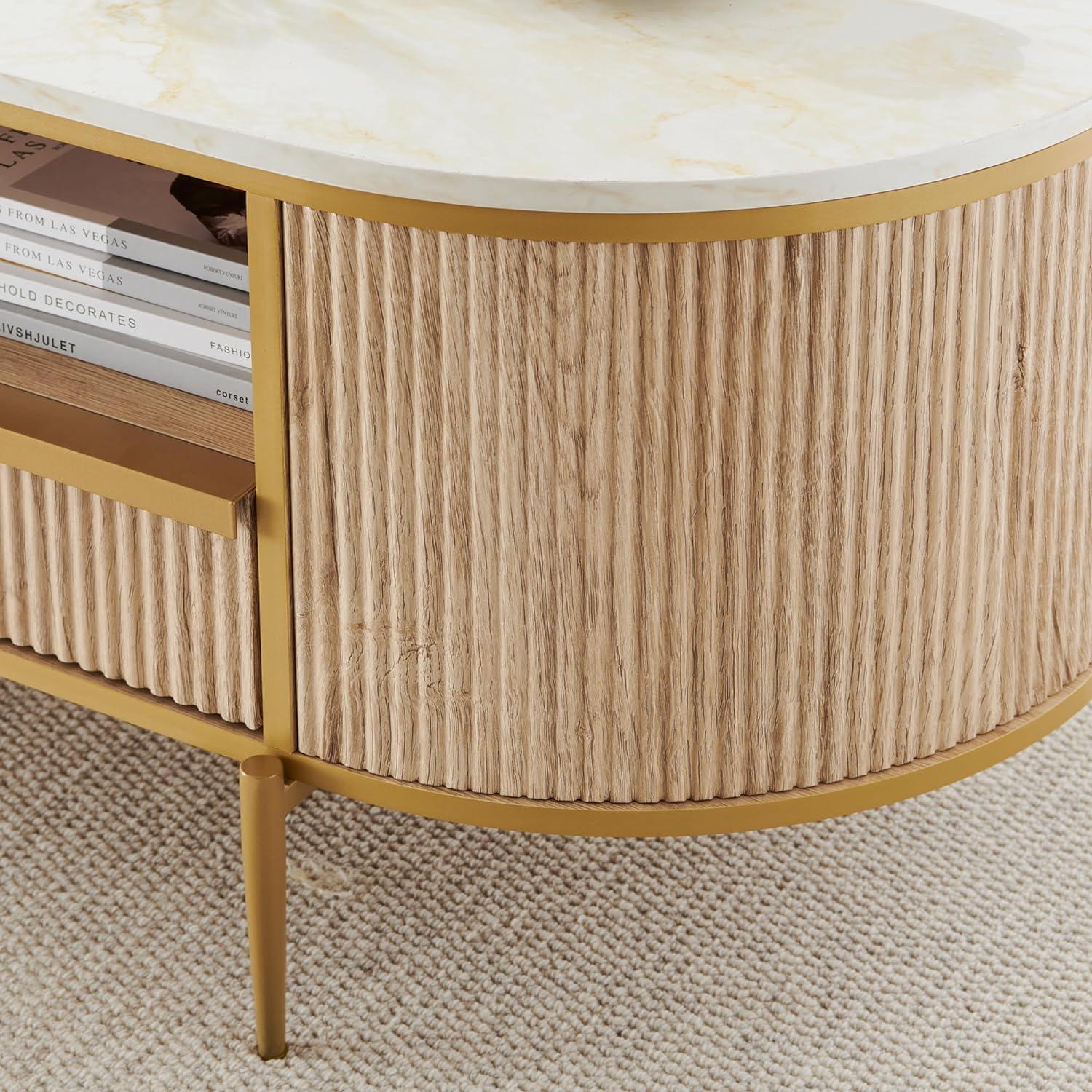 Everly Quinn Modern Fluted Coffee Table, 48" Oval Coffee Table with Drawer,Curved Profile Design,Center Table for Living Room