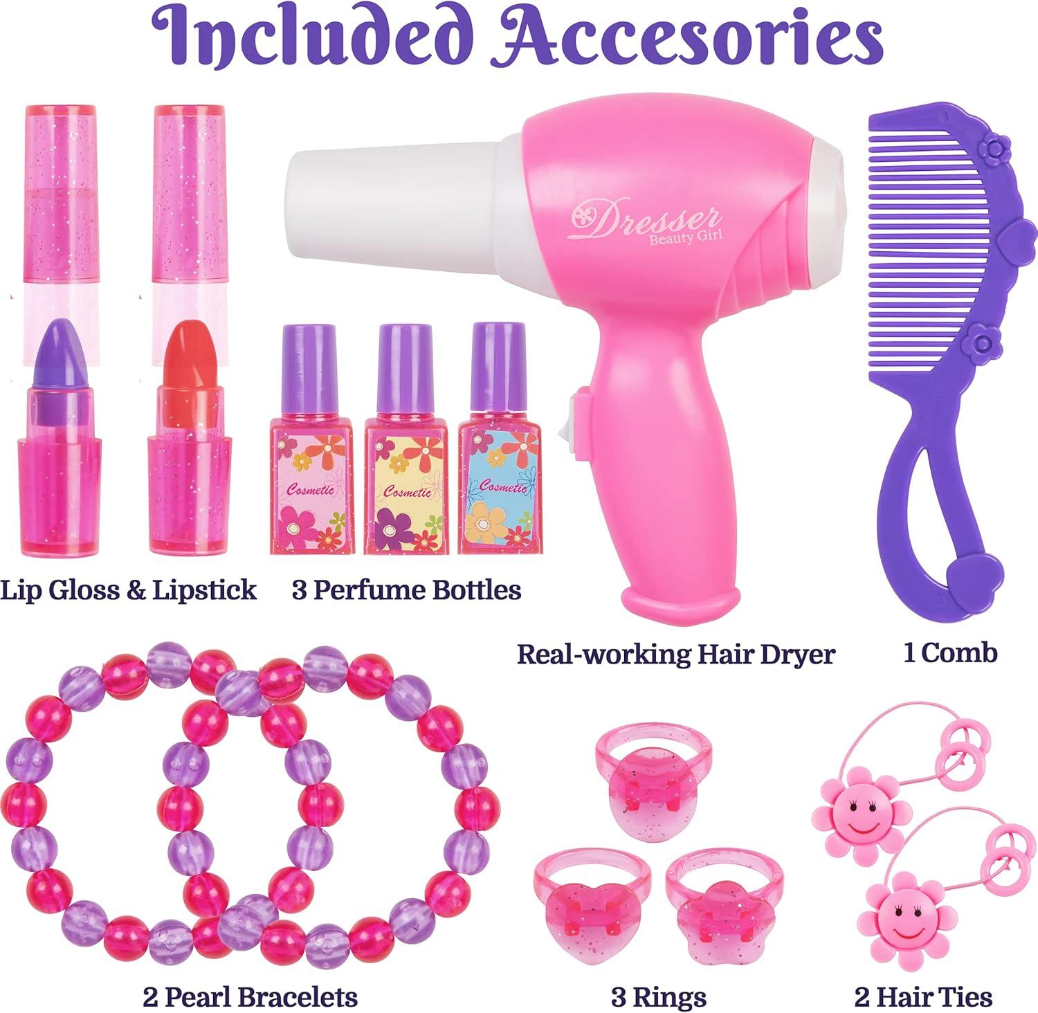 PREXTEX Kids Makeup Table with Mirror and Chair Princess Play Set, with Light and Sound Effects