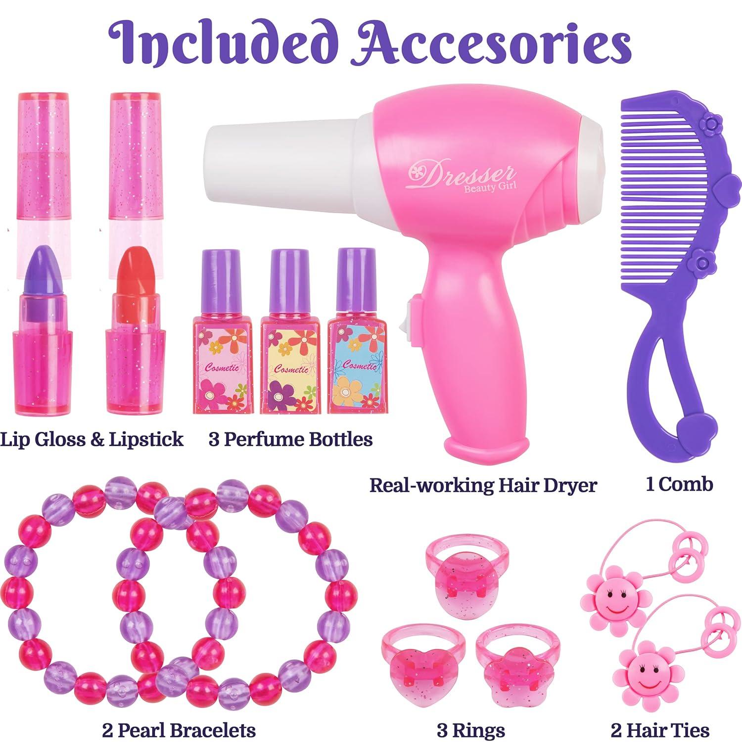 PREXTEX Kids Makeup Table with Mirror and Chair Princess Play Set, with Light and Sound Effects