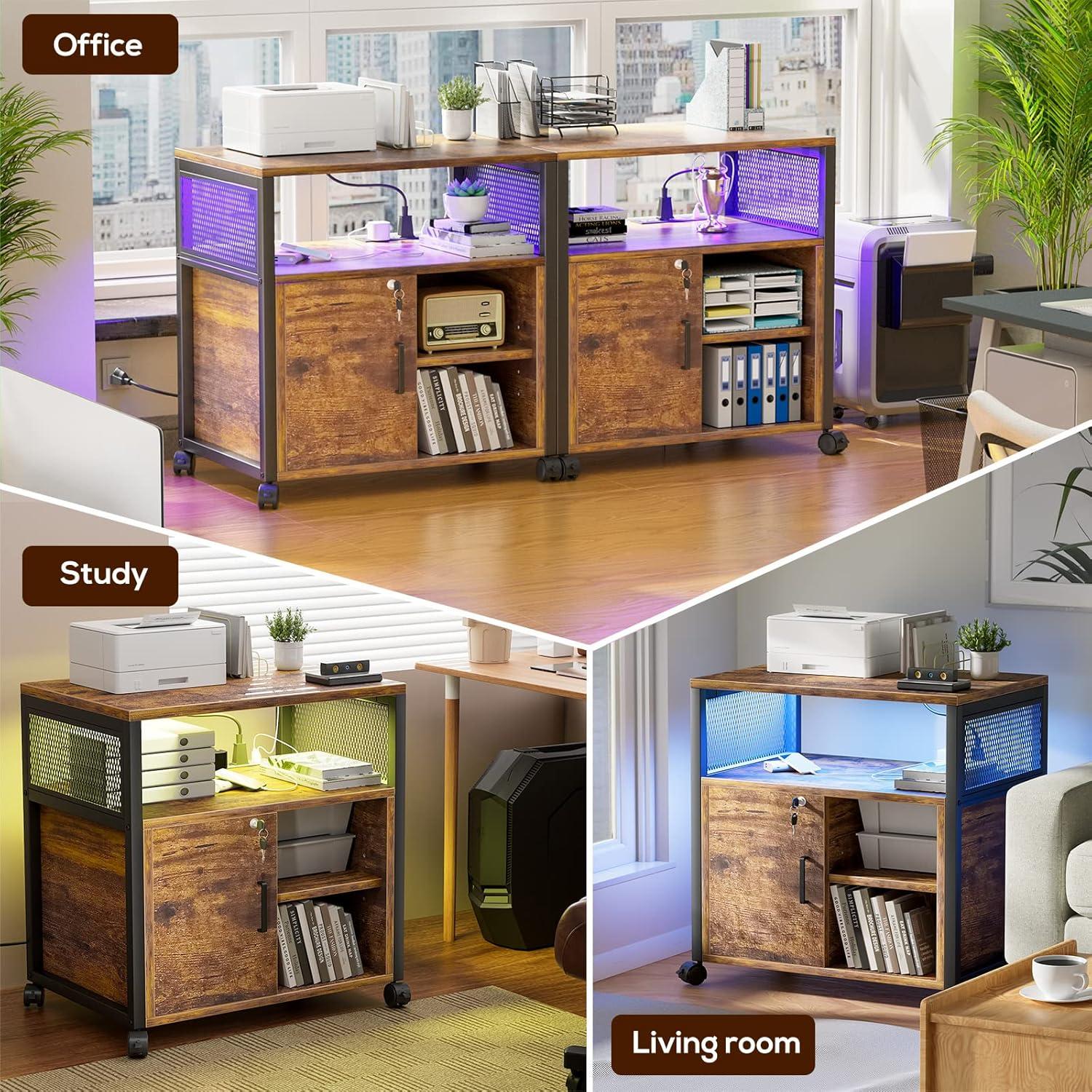 File Cabinet, Locking Office Filing Cabinets with Socket and USB Charging Port, Modern Rolling Printer Stand with Storage for Printer Scanner Fax Home Office Use with Wheels,Brown