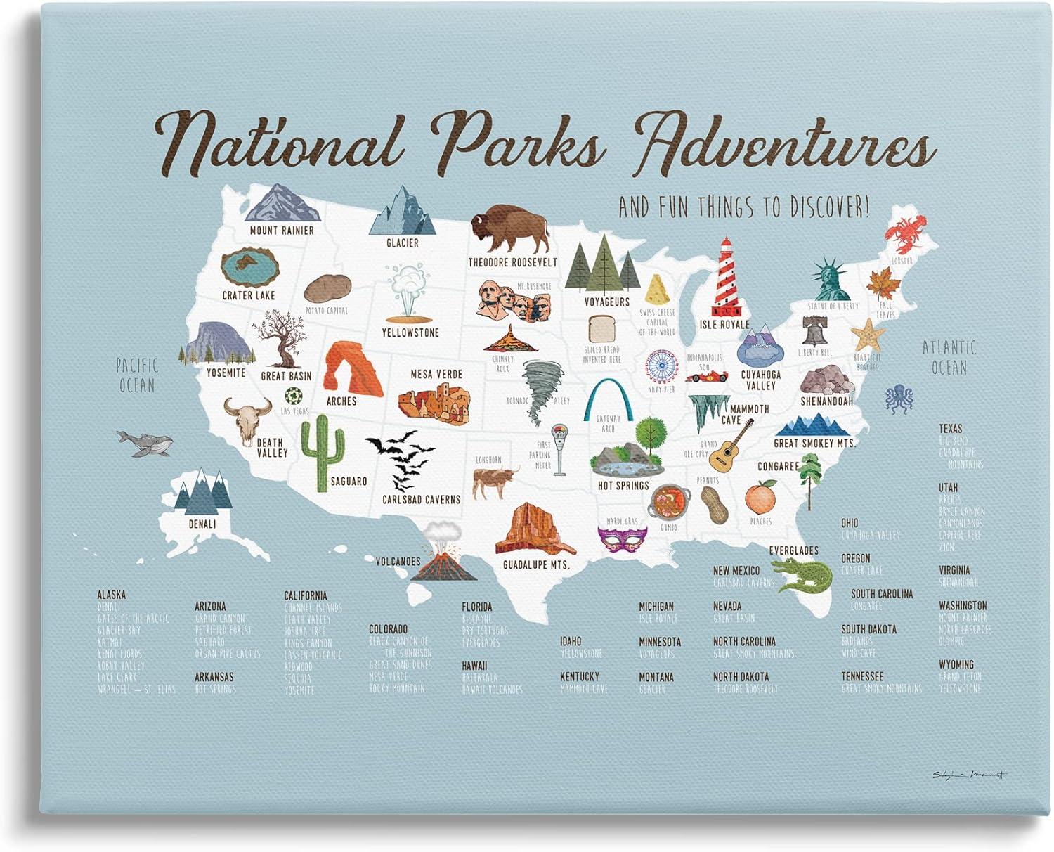 Stupell Industries National Parks Adventures USA Map Gallery Wrapped Canvas Wall Art