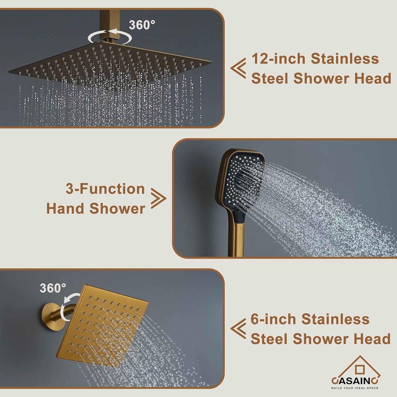 12-Inch Brushed Gold Thermostatic Dual Shower System with Handheld