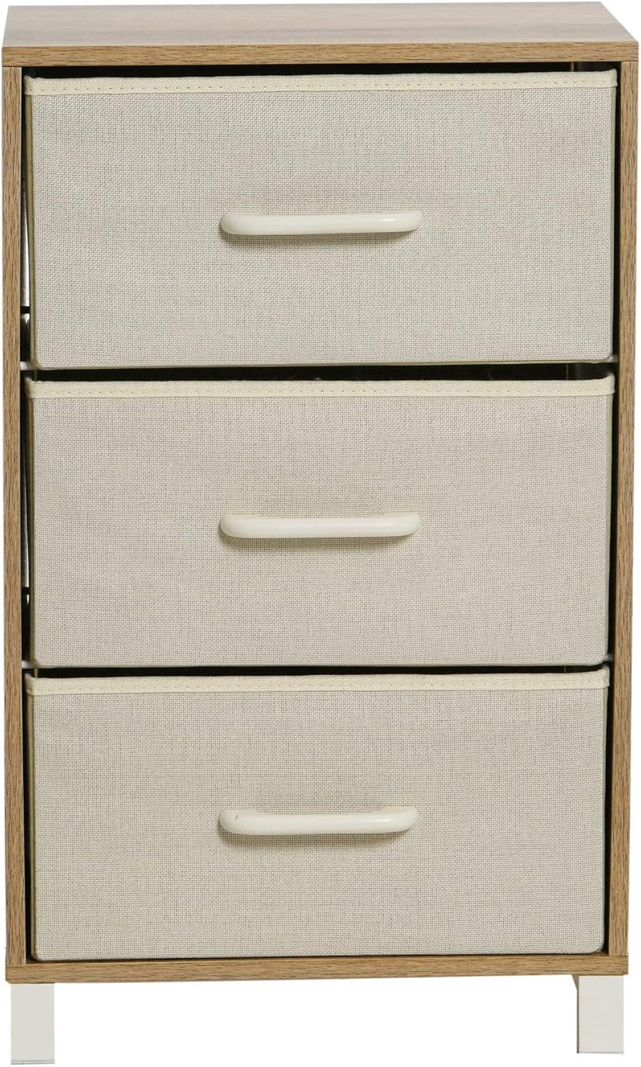 Household Essentials 3 Drawer Dresser, Narrow Storage Chest, Multi-Color Drawers, Wire Backing and Metal Feet, Wood Handles, Coastal Oak Laminate