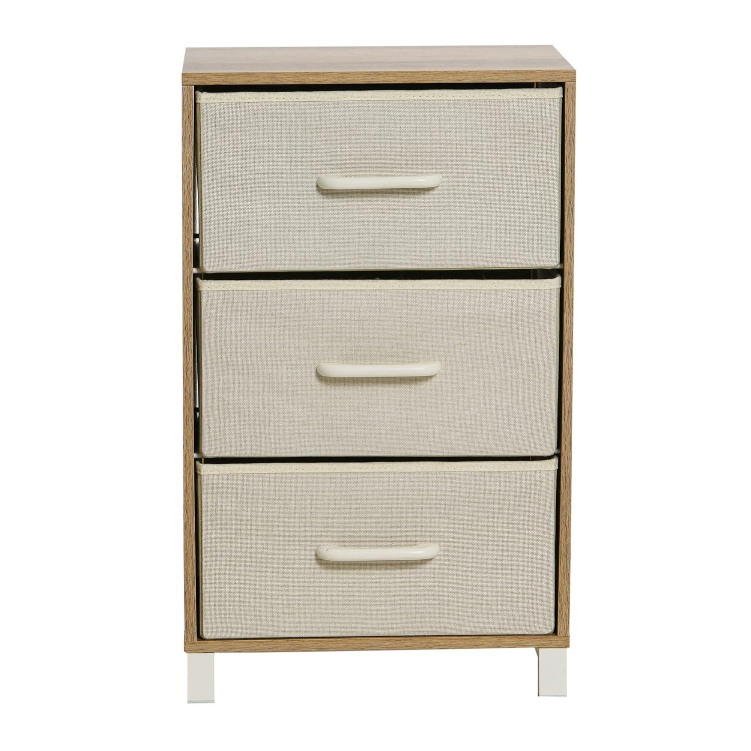 Household Essentials 3 Drawer Dresser, Narrow Storage Chest, Multi-Color Drawers, Wire Backing and Metal Feet, Wood Handles, Coastal Oak Laminate