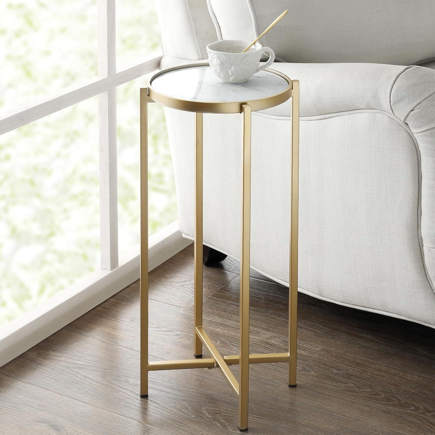 Small Round Gold Marble Side Table with Metal Frame