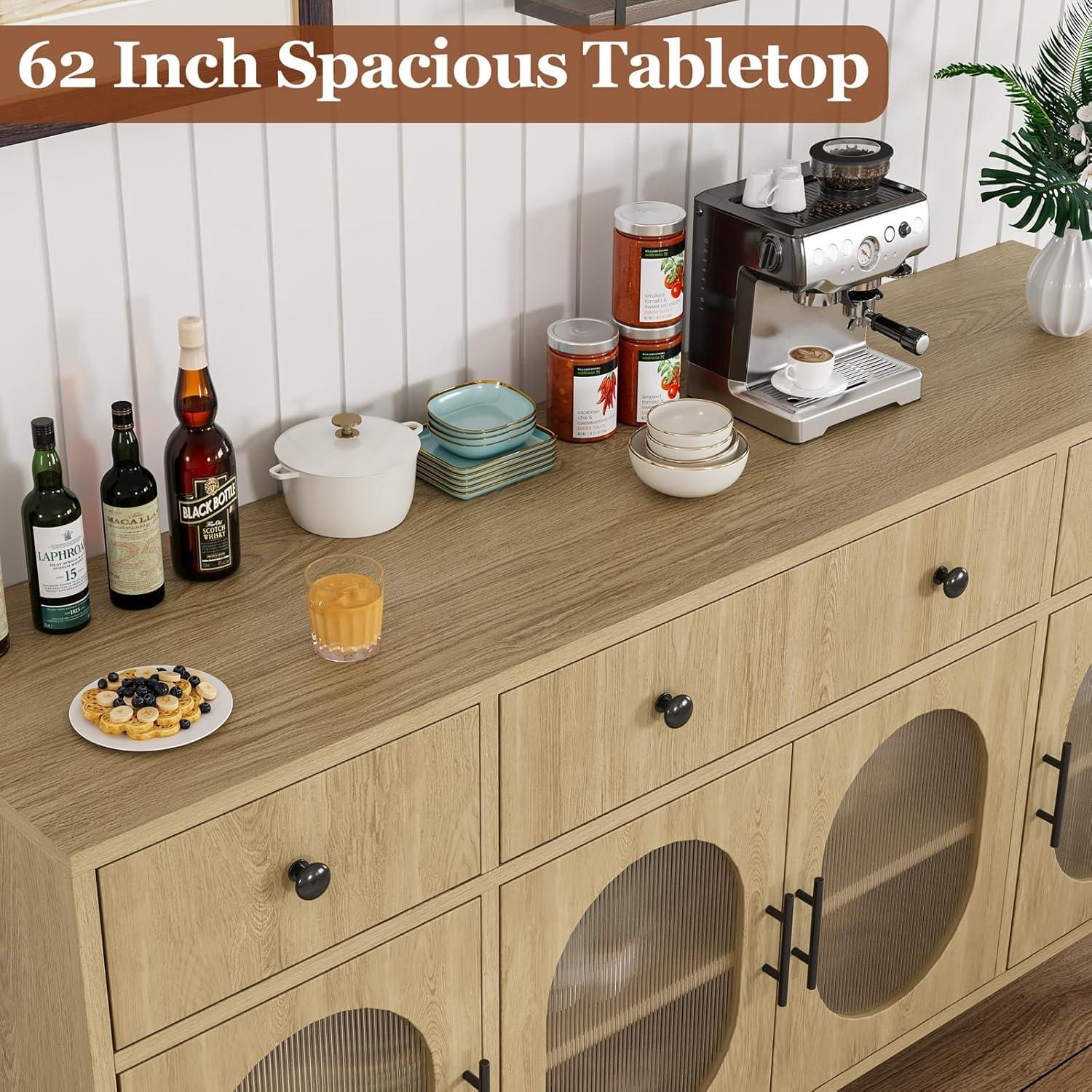 Kselythan Buffet Cabinet with Storage,62'' Large Sideboard Buffet Cabinet with 3 Drawers and 4 Fluted Glass Doors,Wooden Buffet Cabinet Coffee Bar Storage Cabinet Buffet Table for Dinning Room