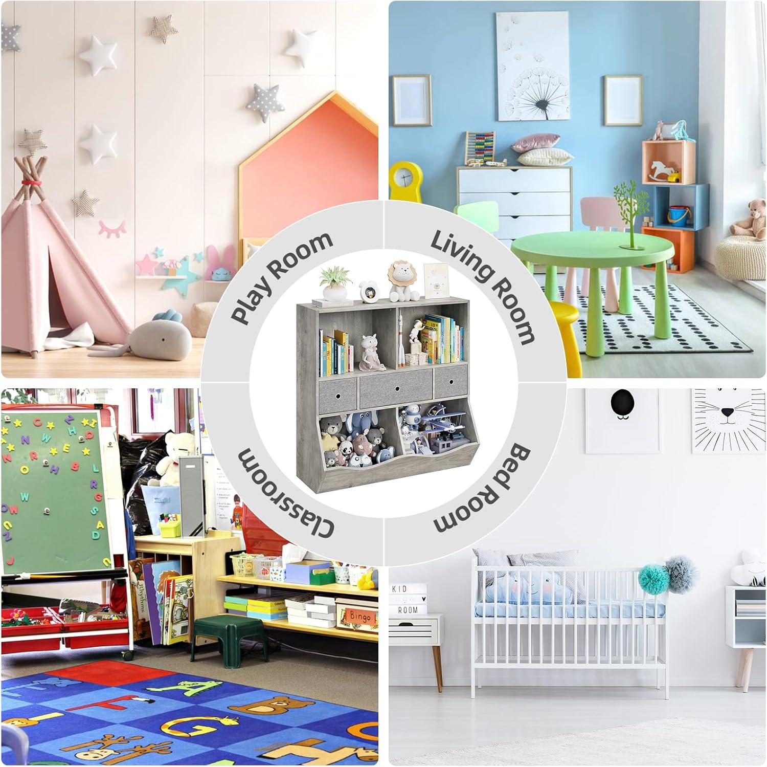 3-Tier Kids Bookshelf, Toy Storage Organizer with 3 Drawers,Wooden Bookcase with Large Toy Storage Cabinet for Playroom