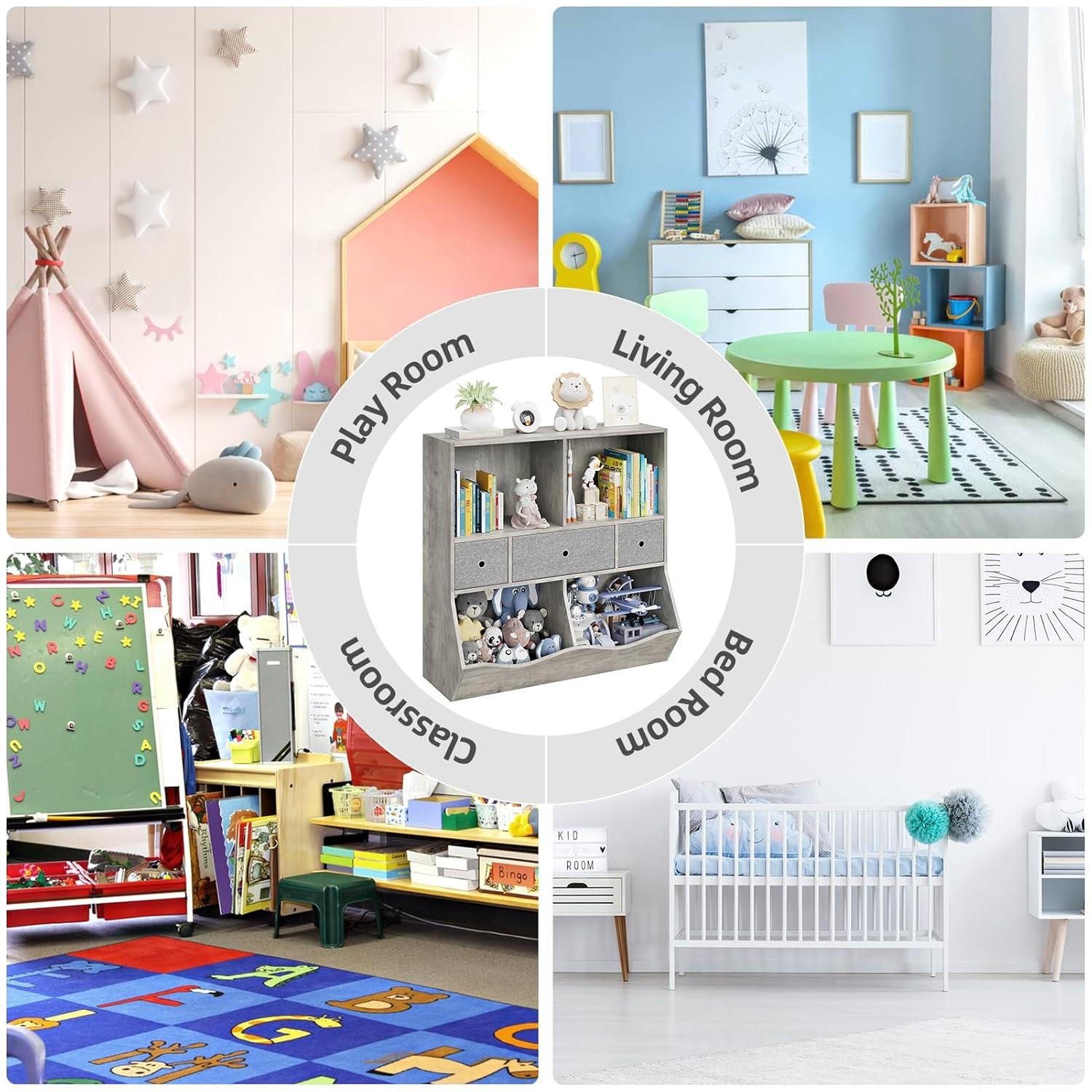 3-Tier Kids Bookshelf, Toy Storage Organizer with 3 Drawers,Wooden Bookcase with Large Toy Storage Cabinet for Playroom