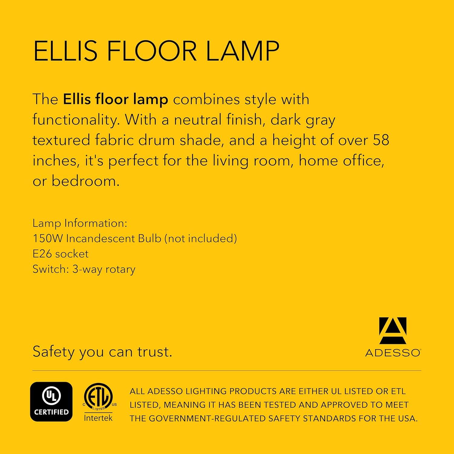 Adesso 58.5" 3-way Ellis Floor Lamp Brown: ETL Listed, Acrylic Shade, Turn Knob Switch