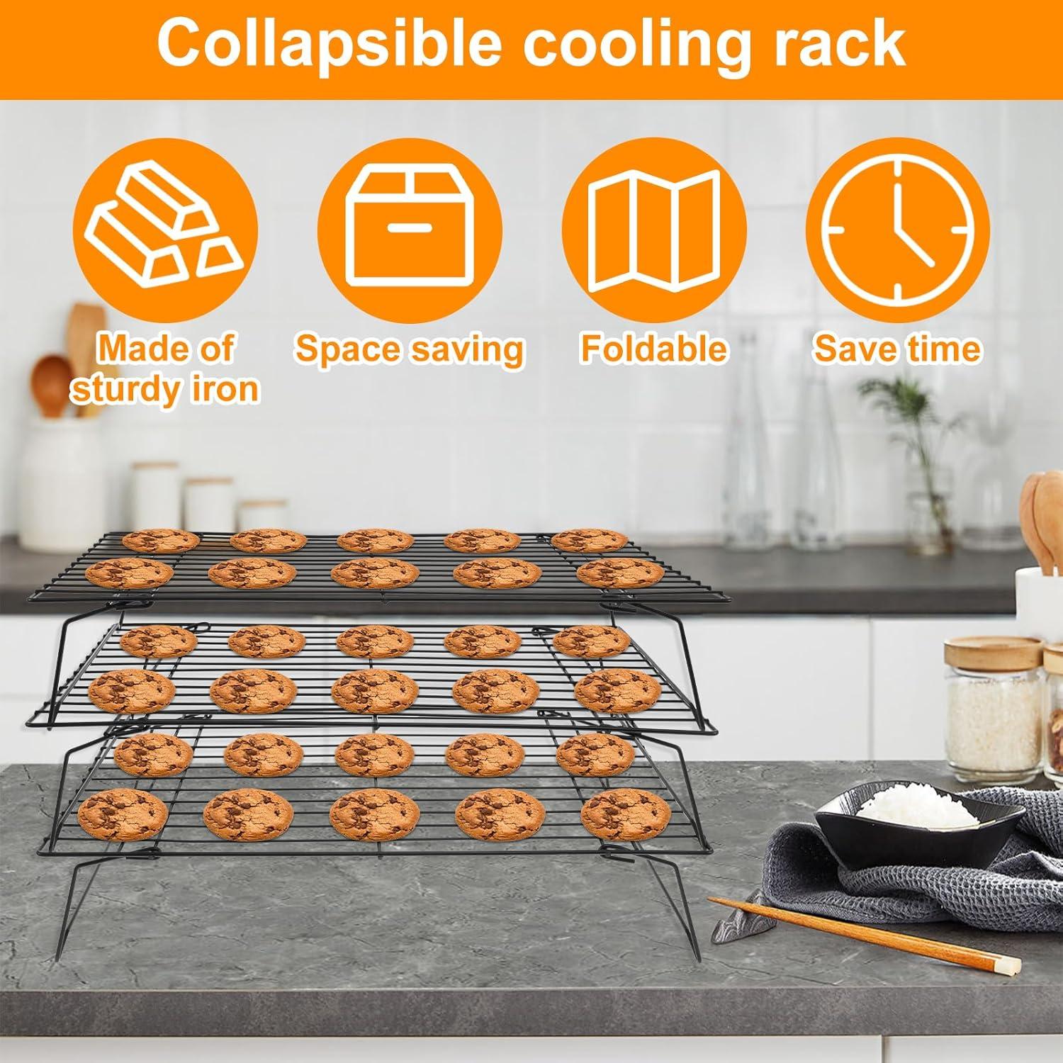 Duslogis 3-Tier Cooling Rack for Cookies, Cake and More, Stackable Non-Stick Baking Cooking Cooling Racks for Cooling Roasting Grilling, Black