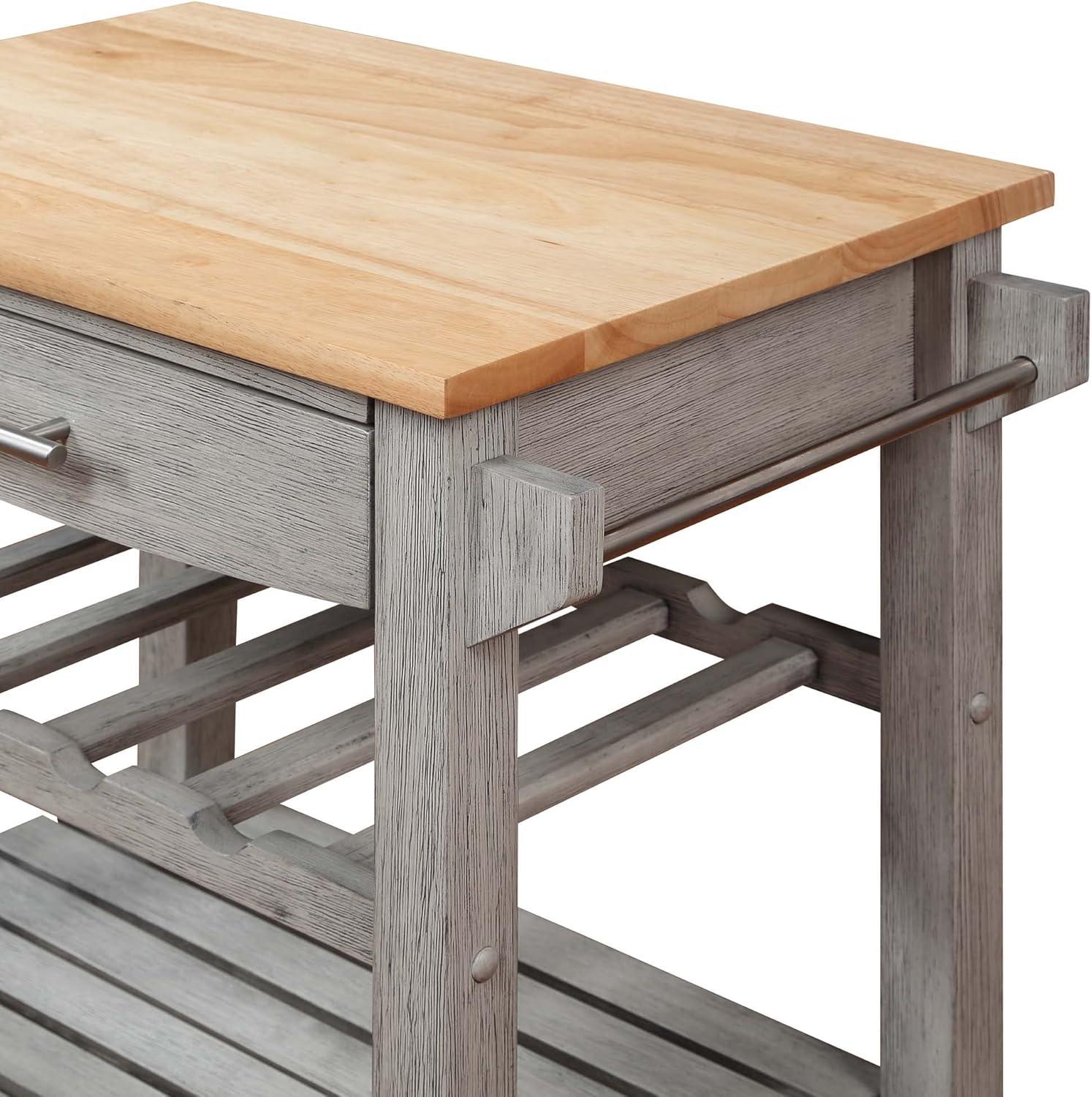 Ellaine Light Gray Solid Wood Butcher Block Kitchen Cart with Wine Rack
