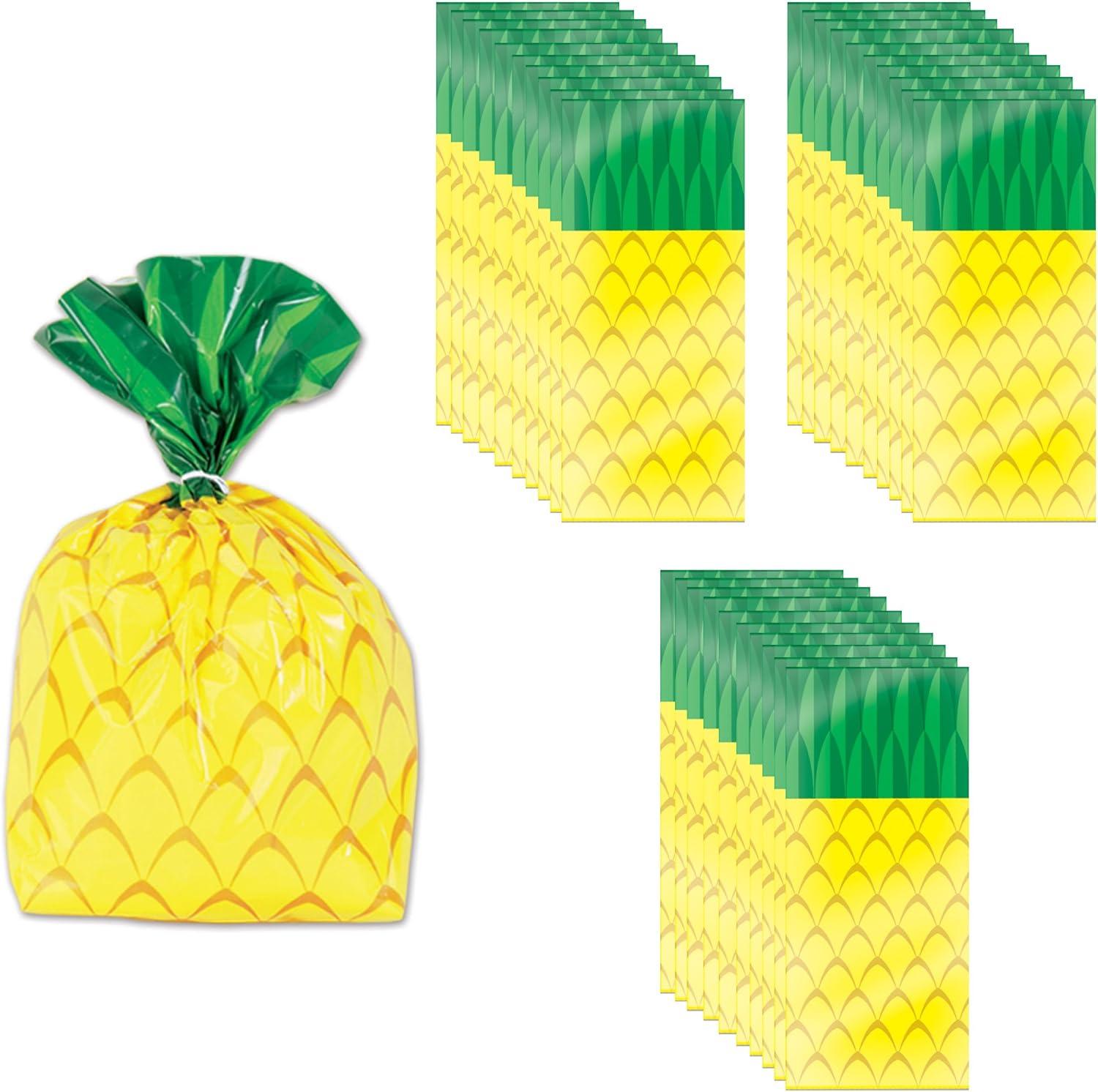 Beistle 75 Piece Tropical Treat Favor Bags, 4" x 9" x 2" - Summer Luau Party Pineapple Cello Candy Holders With Twist Ties