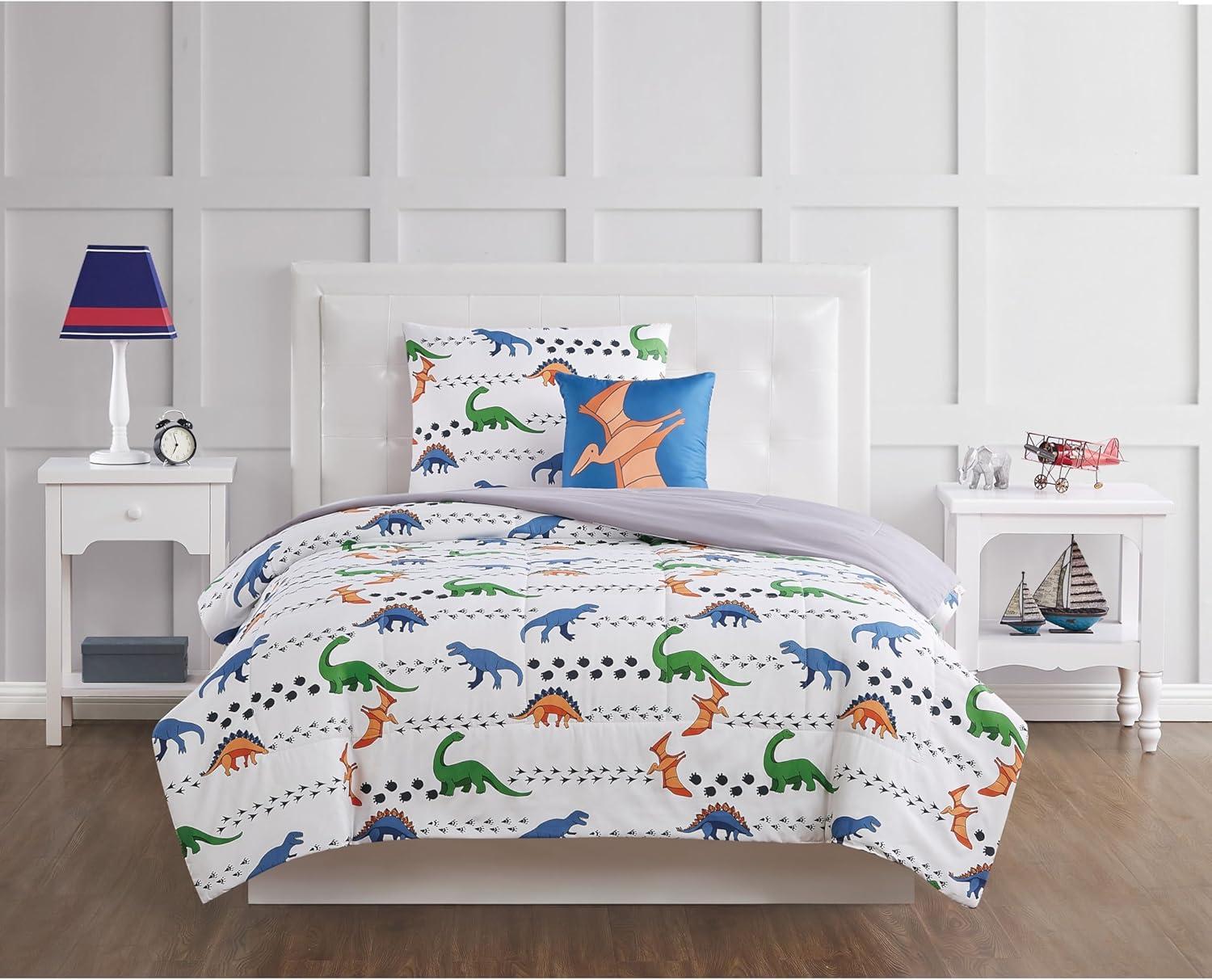Twin 3pc Dino Tracks Reversible Kids' Comforter Set White - My World: Dinosaur Bedding for Boys, Includes Pillow Sham
