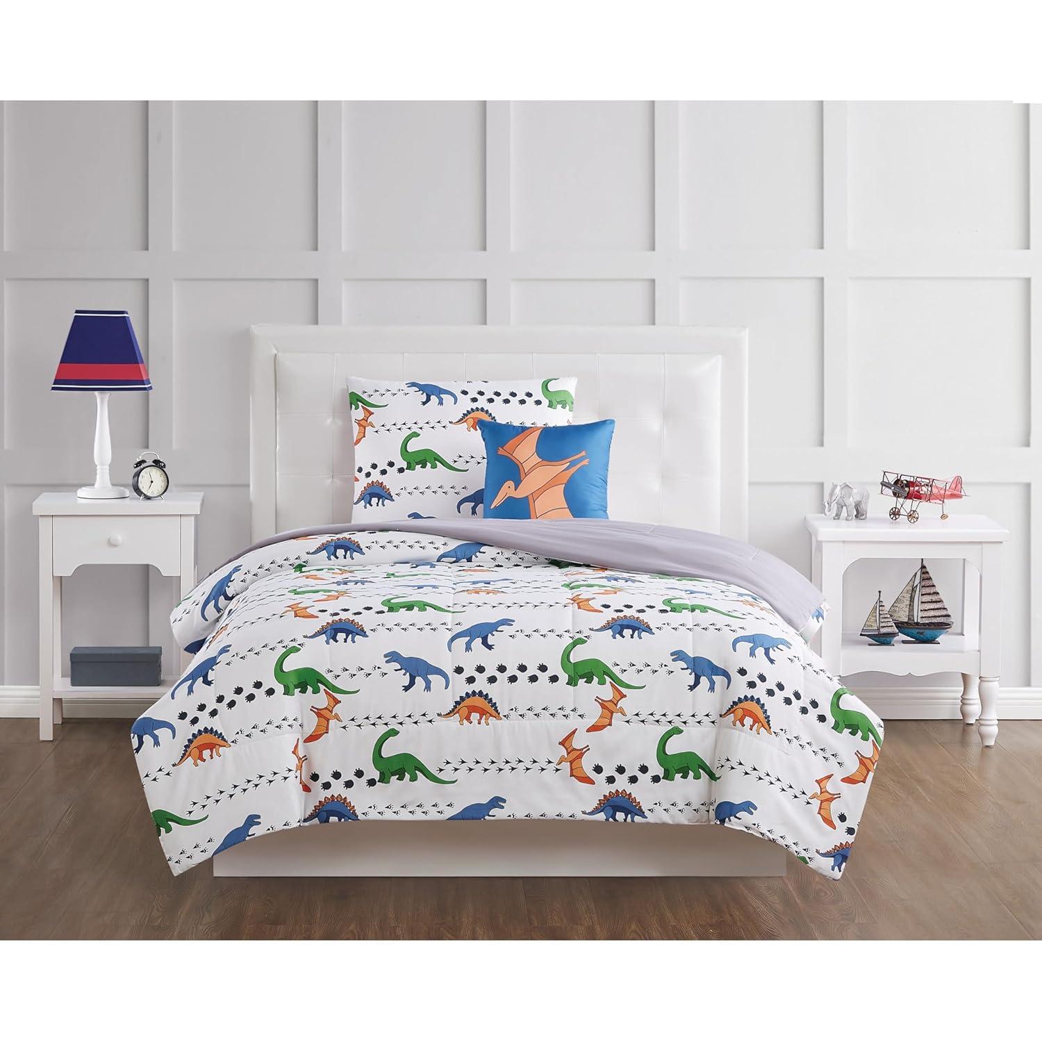 Twin 3pc Dino Tracks Reversible Kids' Comforter Set White - My World: Dinosaur Bedding for Boys, Includes Pillow Sham