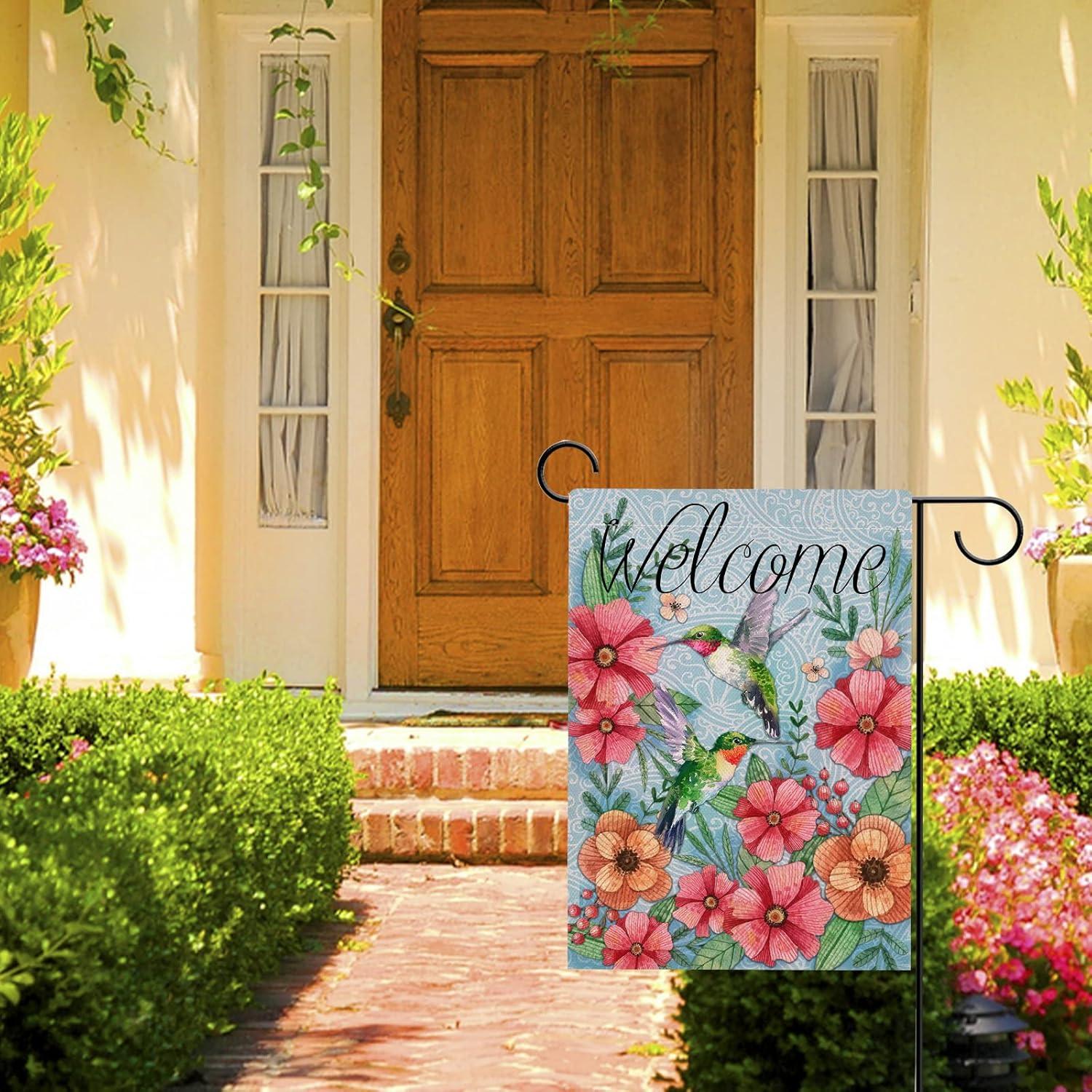 Jbralid Welcome Spring Garden Flag Hummingbird, Decorative House Yard Lawn Outdoor Small Burlap Bird Flag Flower Decor, Vintage Summer Farmhouse Seasonal Outside Decorations Double Sided 12 x 18