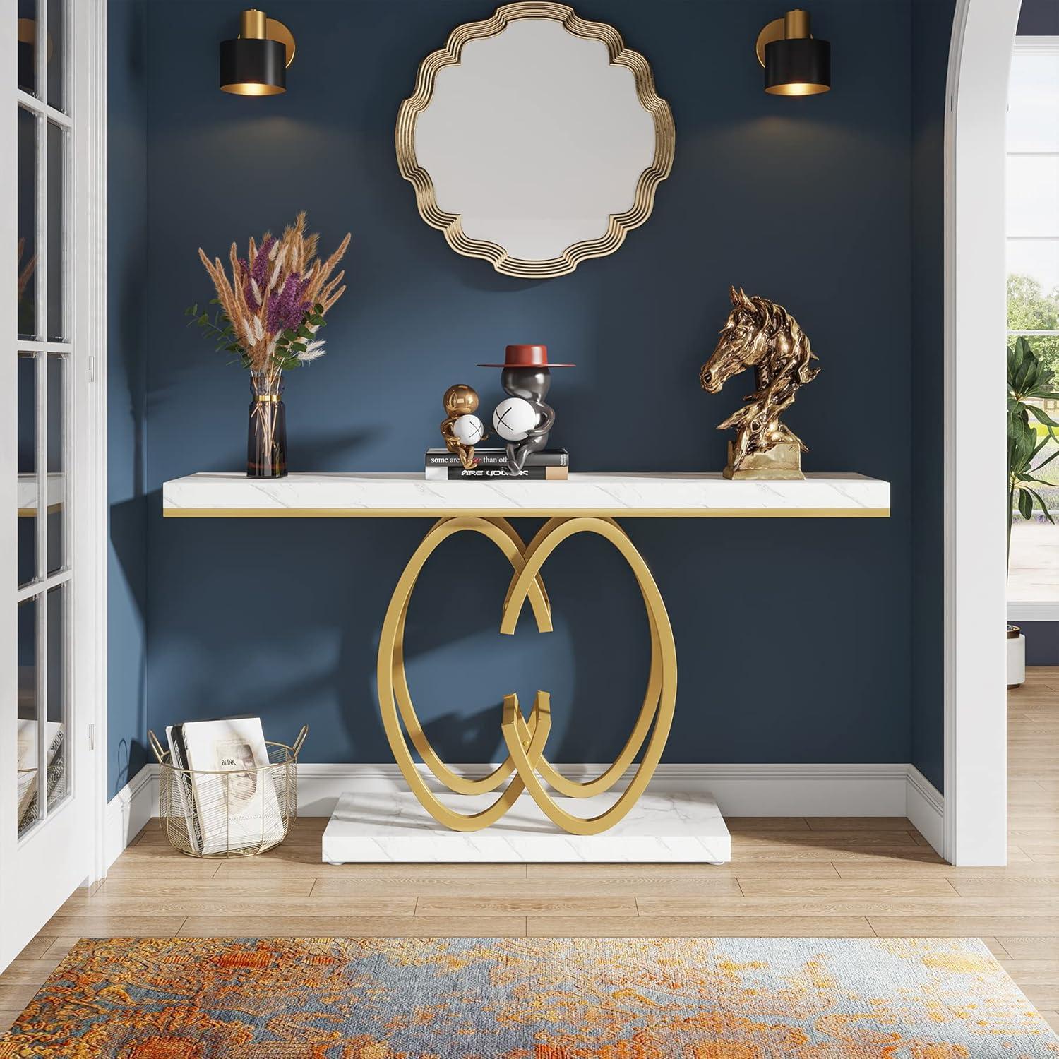 55'' White and Gold Faux Marble Console Table with Geometric Base