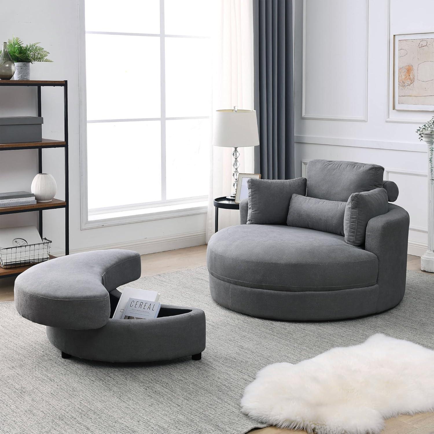 Modern 51" Oversized Swivel Accent Barrel Chair with Storage Ottoman, Club Big Round Cuddle Chair Sofa Lounge for Living Room Hotel Corner Reading (Linen Dark Gray)