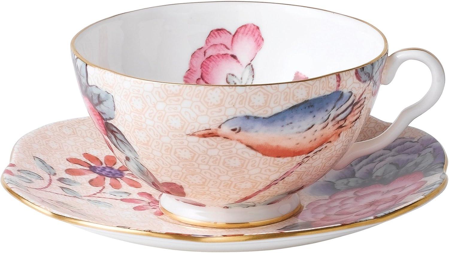 Peach Floral Fine Bone China Teacup and Saucer Set