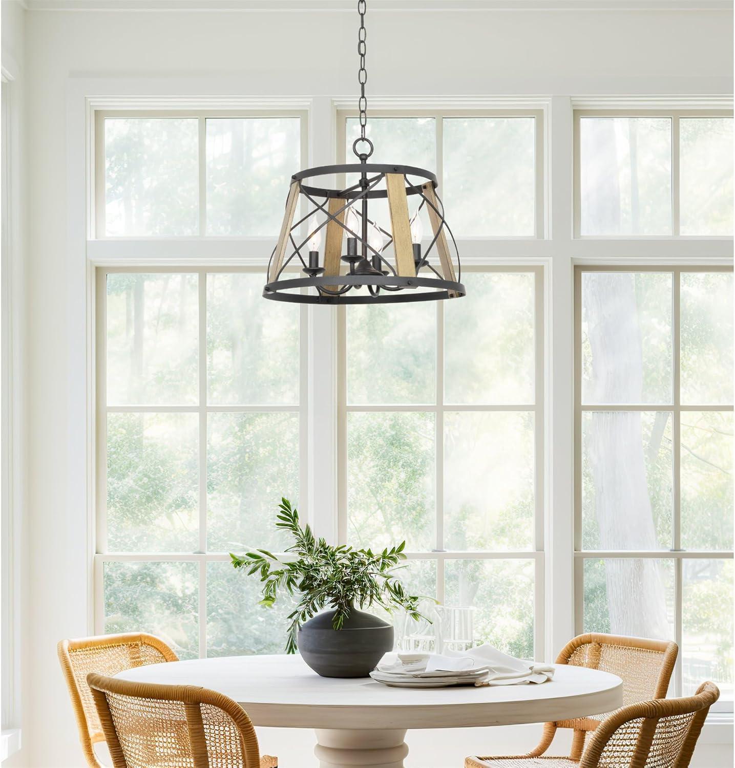 Kira Home Napa 18" Farmhouse Round Pendant Chandelier, Open Cage Design, Smoked Birch Wood, Perfect for Dining Rooms