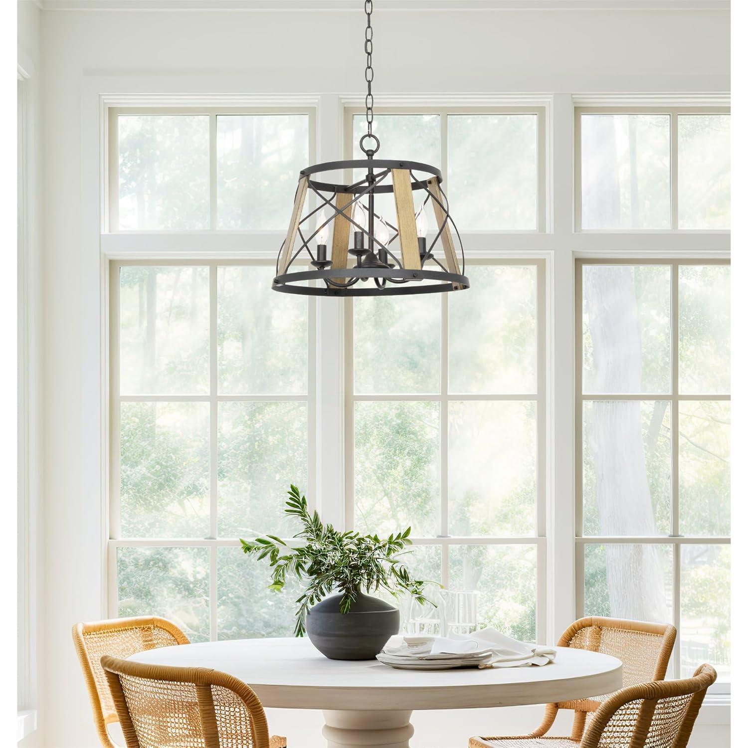 Kira Home Napa 18" Farmhouse Round Pendant Chandelier, Open Cage Design, Smoked Birch Wood, Perfect for Dining Rooms