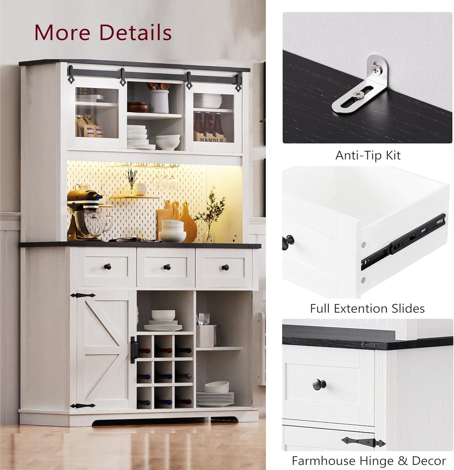 Merax 71" Pantry Bar Cabinet with Storage Rack, Kitchen Buffet Sideboard with Hutch, Sliding Door, Pegboard, Wine & Glasses Rack, 3 Drawers, Rustic Coffee Cabinet, White