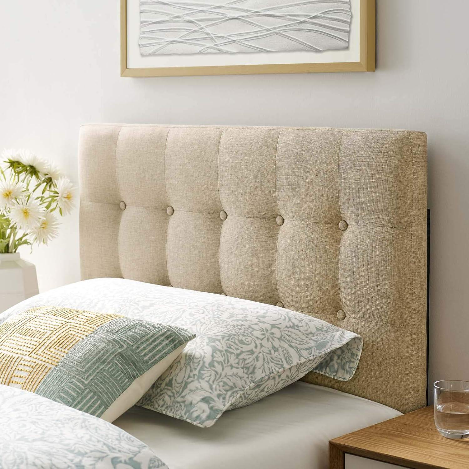 Beige Tufted Upholstered Twin Headboard with Button Detail