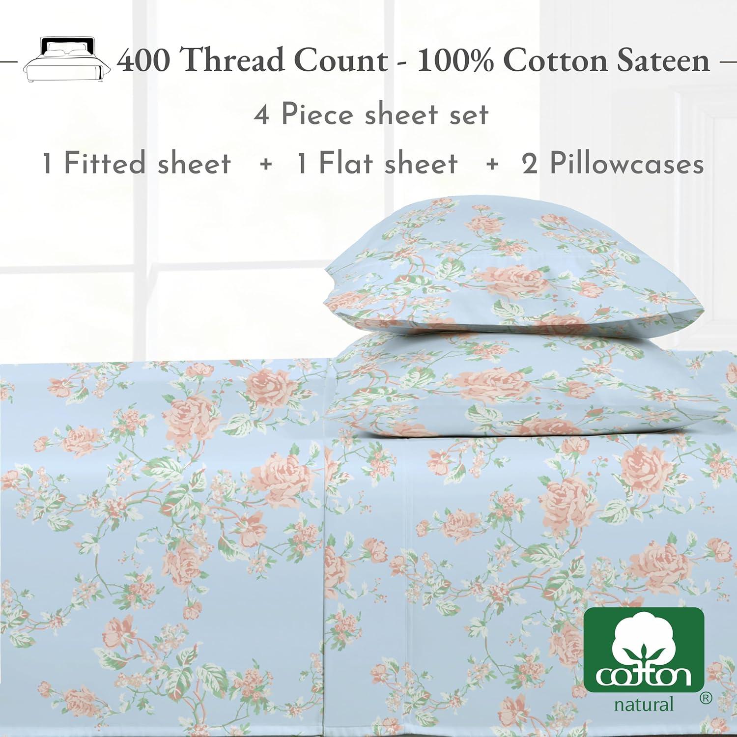 Cotton Sheets Set - Softest 400 Thread Count Bed Sheets, 100% Cotton Sateen, Cooling, Deep Pocket by California Design Den