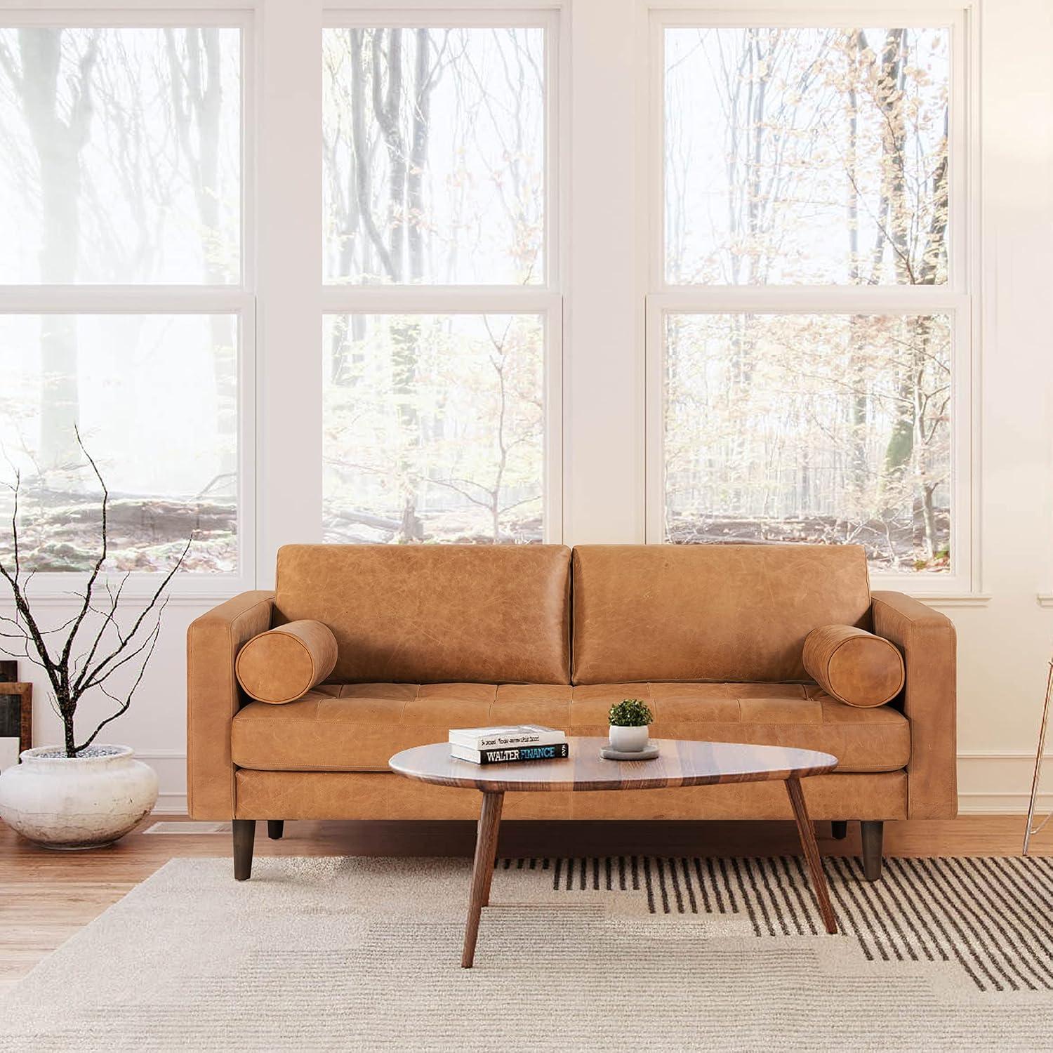 Cognac Tan Tufted Leather Lawson Sofa with Wood Legs