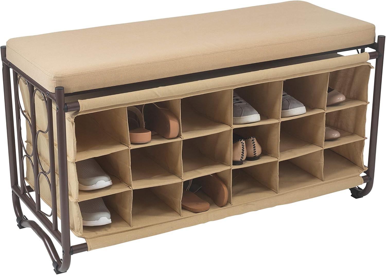 Organize It All Shoe Rack with Bench: Metal Frame, Holds 18 Pairs, Entryway Shoe Storage, Beige & Black, 39.75" Width