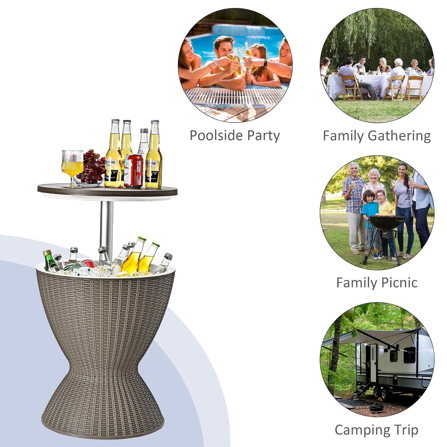 Demifill 3 In 1 8 Gallon Patio Rattan Cooler Bar Table with Adjust Ice Bucket, Outdoor Ice Cooler with Exquisite Wicker Outlook, Versatile Ice Cooler for Outdoor as Patio, Poolside, Brown