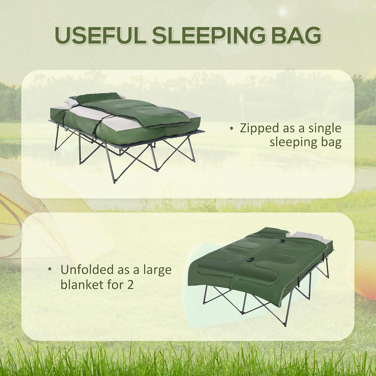 Outsunny 2-Person Folding Camping Cot Portable Outdoor Bed Set with Sleeping Bag, Inflatable Air Mattress, Comfort Pillows and Carry Bag for Outdoor